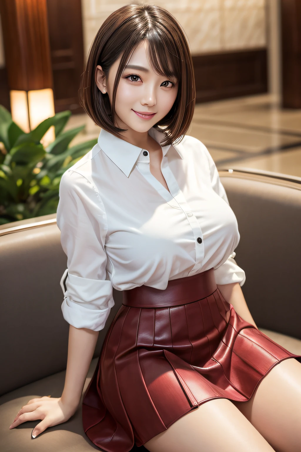 1beautiful Japanese woman, seat, detail eyes, double eyelid, brown eyes, huge breasts, Peter Pan colored blouse and flared skirt, charming smile, bob cut hair, hotel lobby, thighs, front view, perfect anatomy, best quality, ultra high resolution, masterpiece, photorealistic:1.3