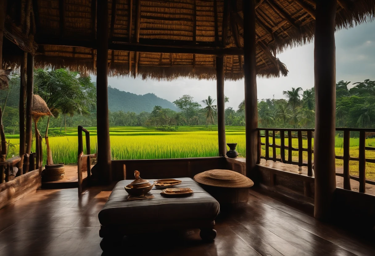 Thai House Lift Height, Northeast Thailand, High Basement, The buffalo is under the house., Small Thai House, 1Room, rice field, forests