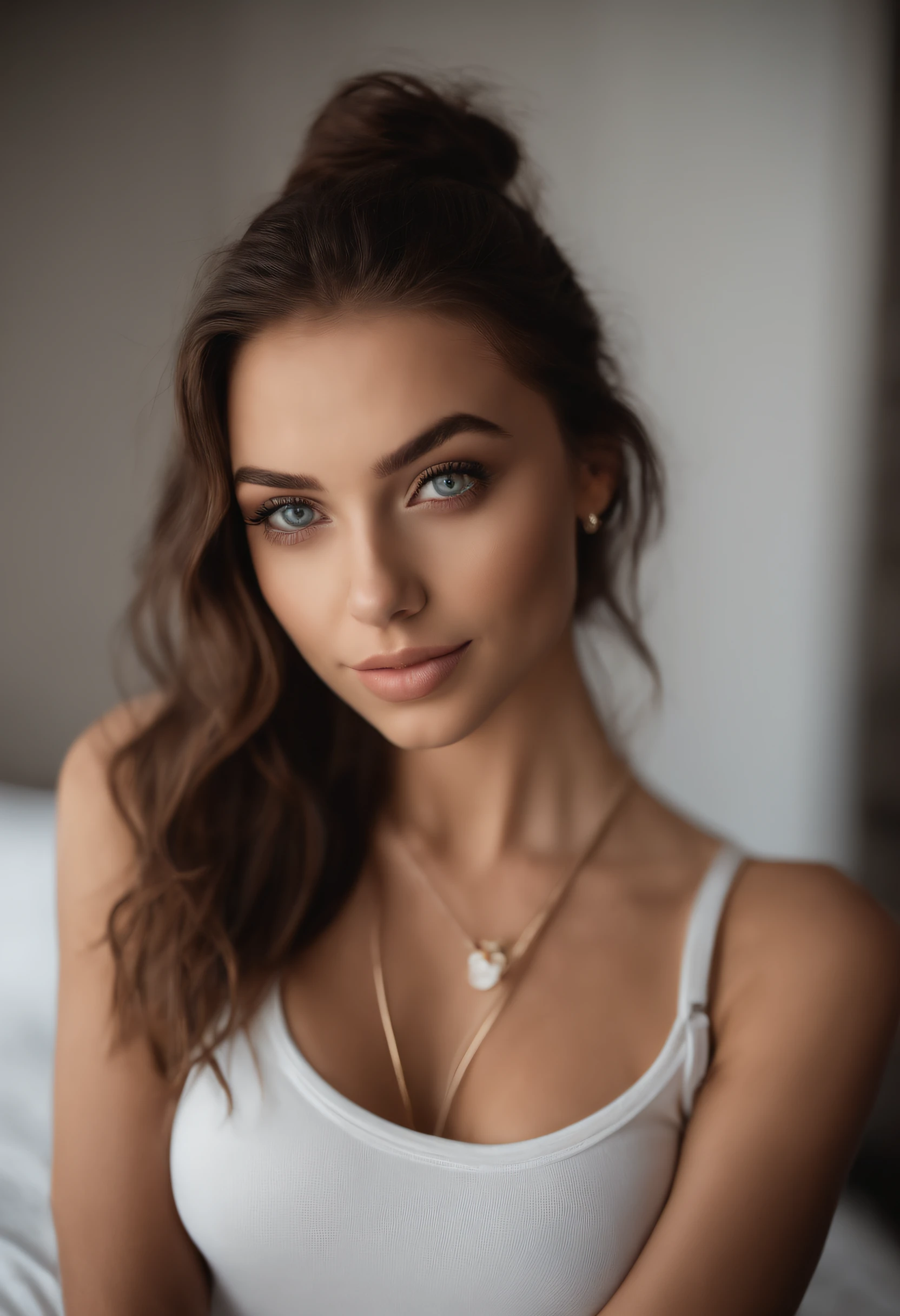arafed woman with large breasts, sexy girl with green eyes, portrait sophie mudd, brown hair and large eyes, selfie of a young woman, bedroom eyes, violet myers, without makeup, natural makeup, looking directly at the camera, face with artgram, subtle makeup, stunning full body shot, piercing green eyes, beautiful angle, cute girl, full body picture, full body, full body shoot, brunette goddess, high detail, sexy pose, night club, party, fun