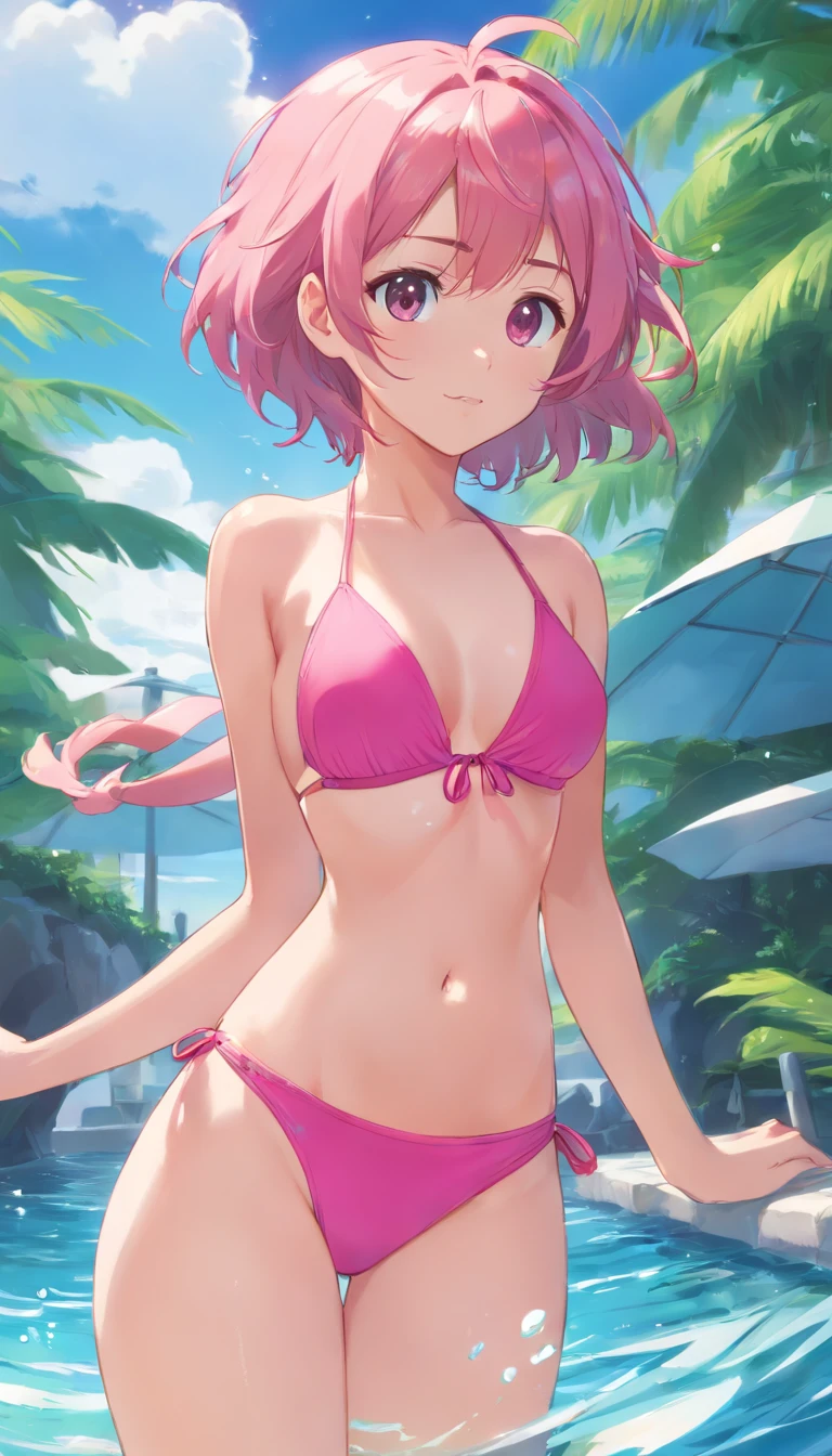 swim wears, pink bikini、​masterpiece、hposing Gravure Idol、A pink-haired, curly hair, fang, short hair, cute, medium chest