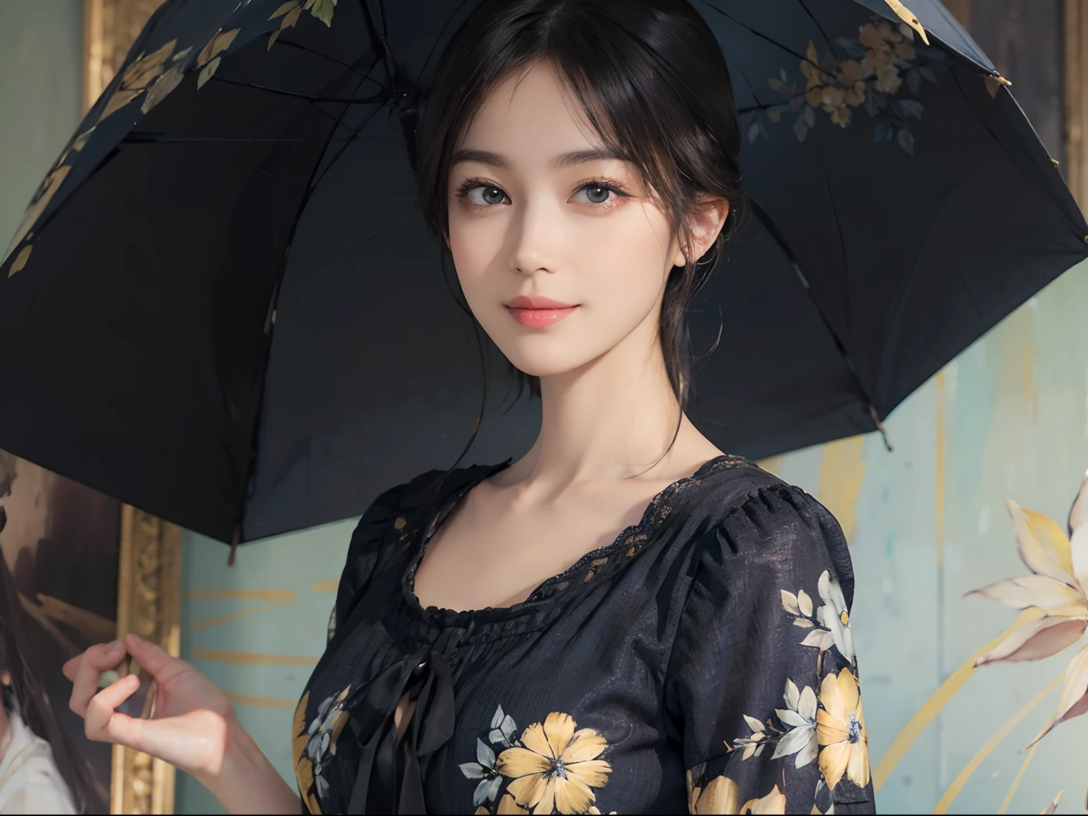 (((Black Shorthair))), (Louvre Museum), Pose Seductive, (A hyper-realistic), (Illustration), (Increased resolution), (8KUHD), (Extremely detailed), (Best Illustration), (Beautiful and detailed eyes), (Best Quality), (ultra-detailliert), (masutepiece ), ( Wallpaper), (Detailed face), Solo, (One woman dressed in blue and yellow), (Floral clothing), (Breast bulge), Fine details, Detailed face, Deep Shadows, lowkey, pureerosfaceace_v1, Smiling, 46 point slanted bangs, (Stand in front of an abstract painting)