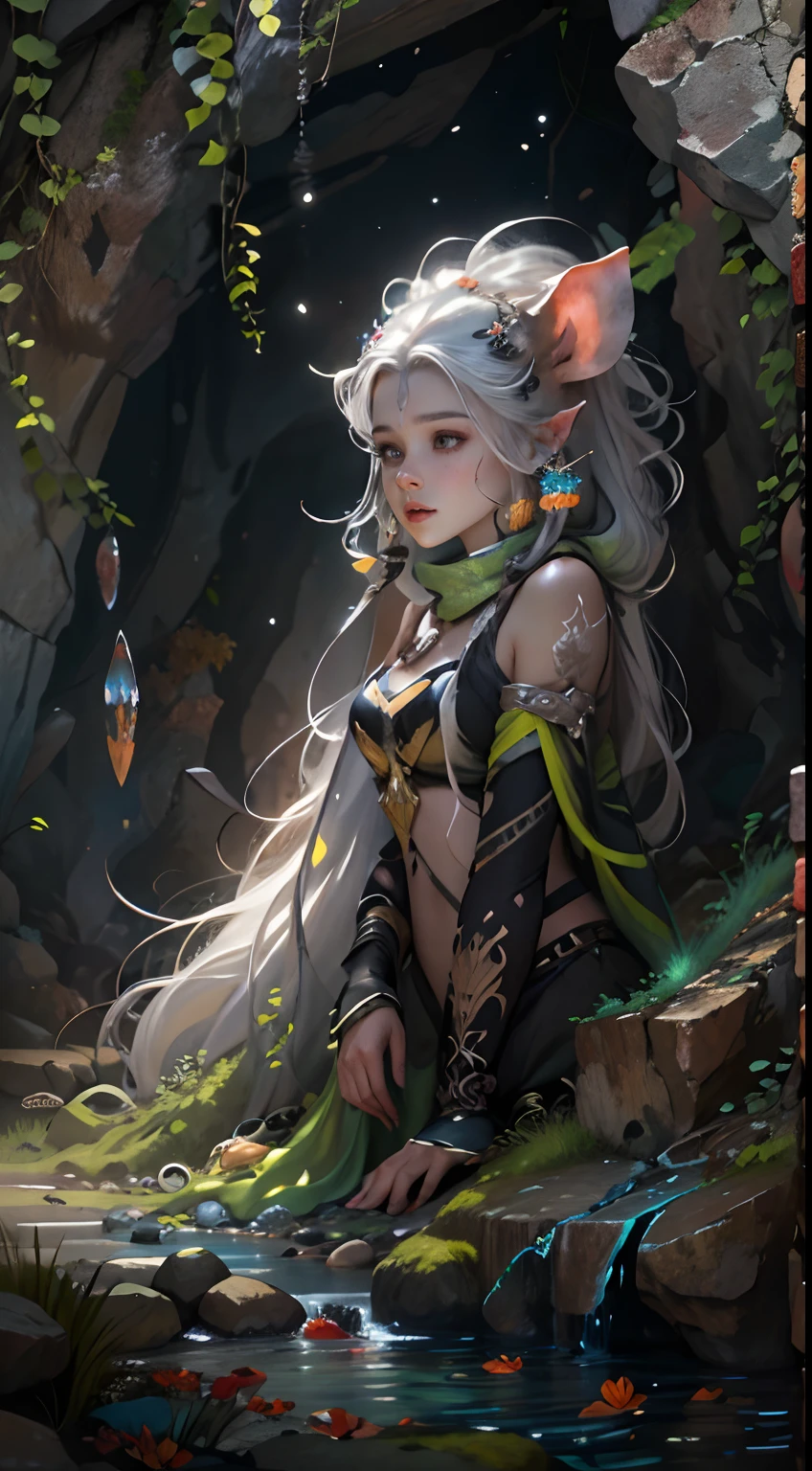 Concept art of orc creatures, Underground landscape, Underground creatures,Beautiful caves come in different shapes, 。.。.。.。.3D,, The beautiful,Female rat man, Human face,Rat ears,Rat tail,Female animated fantasy illustration. Long white hair scattered, Drift, Very harmonious. The whole painting adopts a messy and imaginative painting style. The colors are bright and saturated, line sleek. The mystery and beauty of the crypt, The painting depicts an underground world full of life and vitality, Animated art wallpaper 8 K