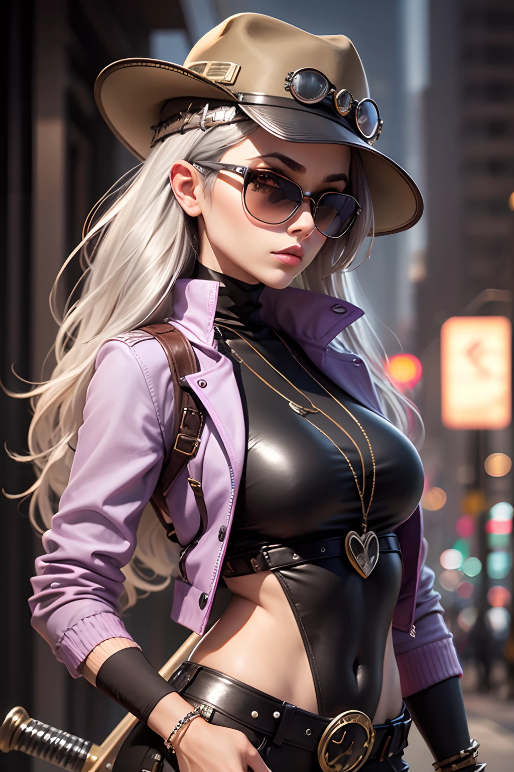 groovy human female raccoon 3/4 profile portrait, modern Silver fashionable woman, funky Trend accessories such as sunglasses, hat, sword, etc