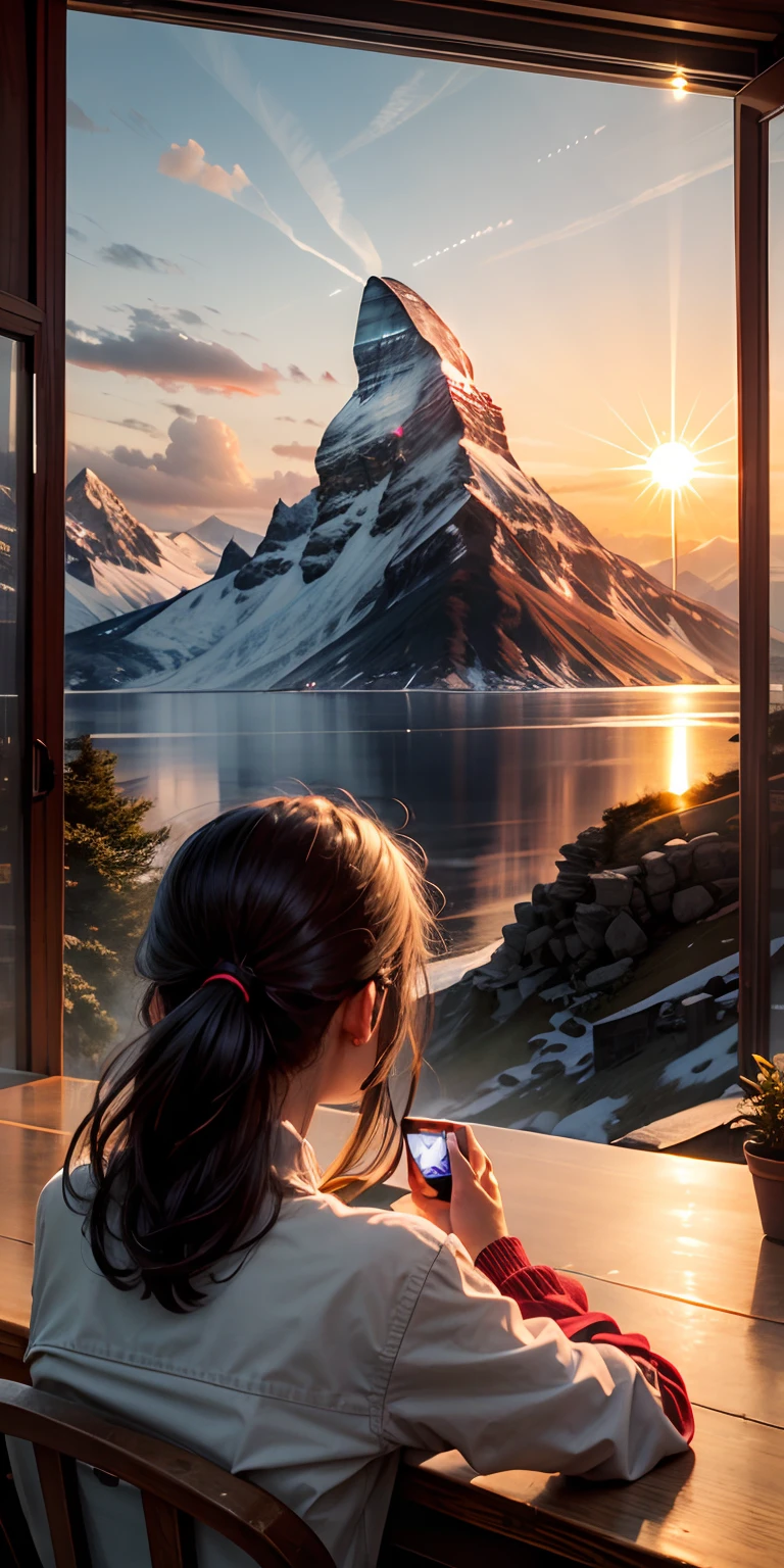 realisticlying、View of the Swiss Matterhorn from afar、The sun is setting、20 year old girl is looking at