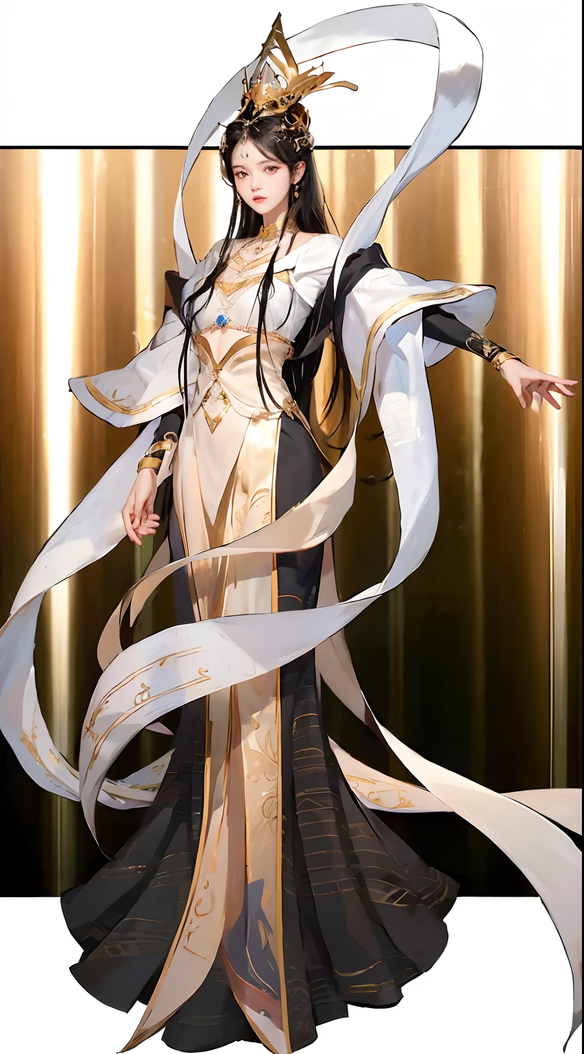 (masterpiece), (((highest quality)), (super detailed), 1 female, black hair, crown, floating shawl,