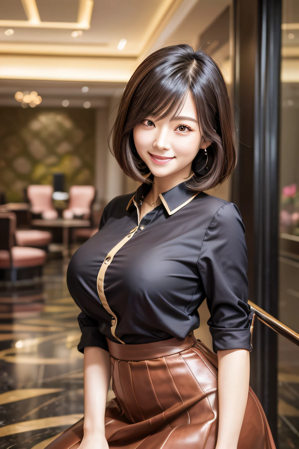 1beautiful Japanese woman, mature, detail eyes, double eyelid, brown eyes, huge breasts, Peter Pan colored blouse and flared skirt, charming smile, bob cut hair, hotel lobby, thighs, front view, perfect anatomy, best quality, ultra high resolution, masterpiece, photorealistic:1.3