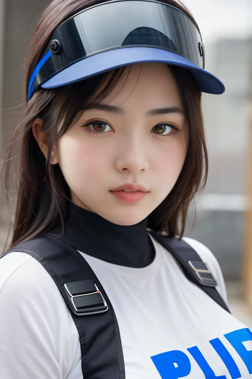 Highest image quality, outstanding details, ultra-high resolution, (realism: 1.4), highly condensed 1girl, with a delicate and beautiful face, a bit chubby, ((from below)), ((from front)), ((close up:0.75)), (wearing racing suit likes police uniform, black and gray mecha, wearing military harness, a high-tech visor), (smile:1), no body, fires, smokes,(tired and sleepy and satisfied:0.0), face closeup, t-shirts,
(Increase body line mood:1.1), (Increase skin texture beauty:1.1)