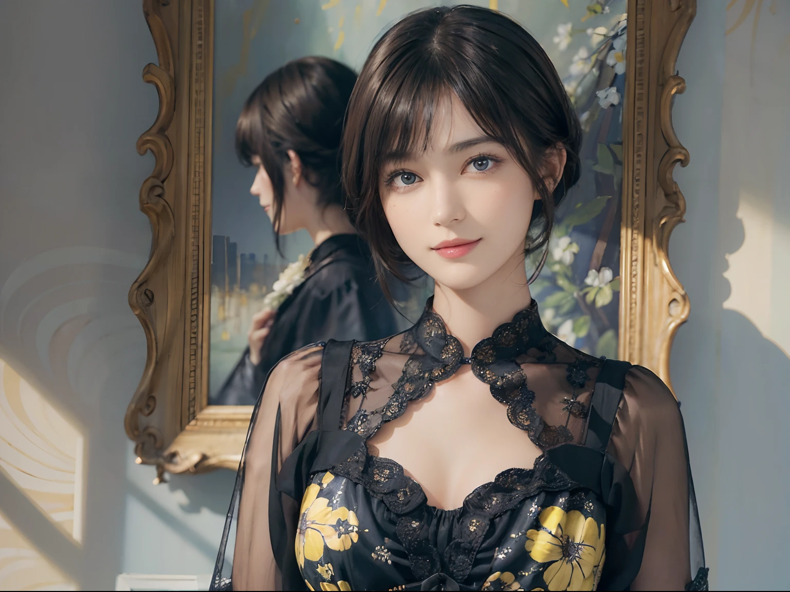 (((Black Shorthair))), (Louvre Museum), Pose Seductive, (A hyper-realistic), (Illustration), (Increased resolution), (8KUHD), (Extremely detailed), (Best Illustration), (Beautiful and detailed eyes), (Best Quality), (ultra-detailliert), (masutepiece ), ( Wallpaper), (Detailed face), Solo, (One woman dressed in blue and yellow), (Floral clothing),  (Breast bulge), Fine details, Detailed face, Deep Shadows, lowkey, pureerosfaceace_v1, Smiling,  46 point slanted bangs,  (Stand in front of an abstract painting)