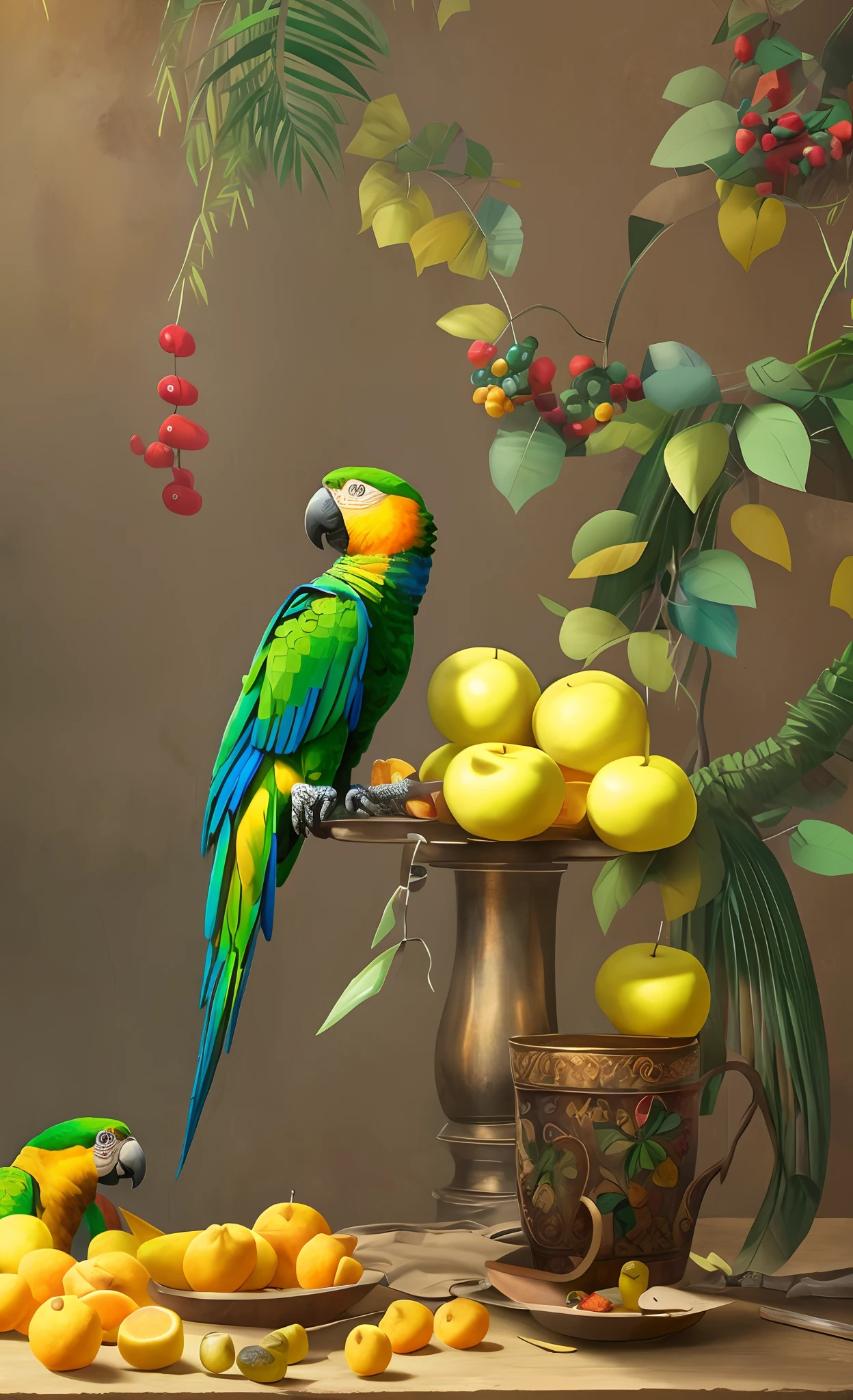 There's a parrot (solo) sentado em um galho ao lado de uma tigela de frutas, imagem HD colorida, pintura detalhada 4 K, frutas e penas, bela arte UHD 4 K, 4K arte digital altamente detalhada, paper awesome wallpaper, papagaio, papel de parede bonito, papel de parede de alta qualidade, 8k arte detalhada de alta qualidade, pintura digital HD, arte digital bonita, pintura digital altamente detalhada