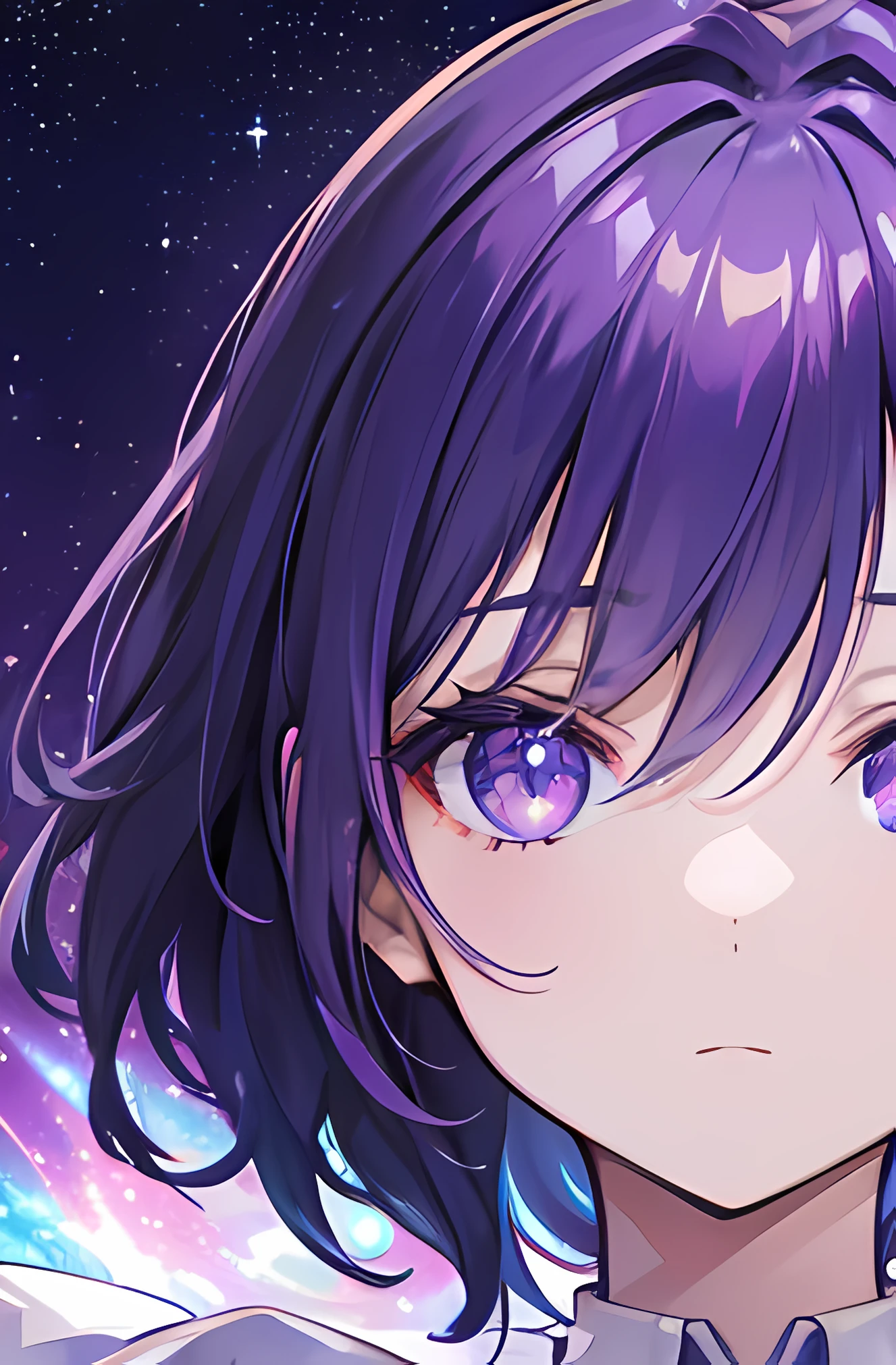 1 chica, Pelo violeta corto con estrellas, ojos violeta con estrellas, high resolusion, ultrasharp, 8k, Obra maestra, Mirando al espectador, close-up, face only, purple galaxy in the background}