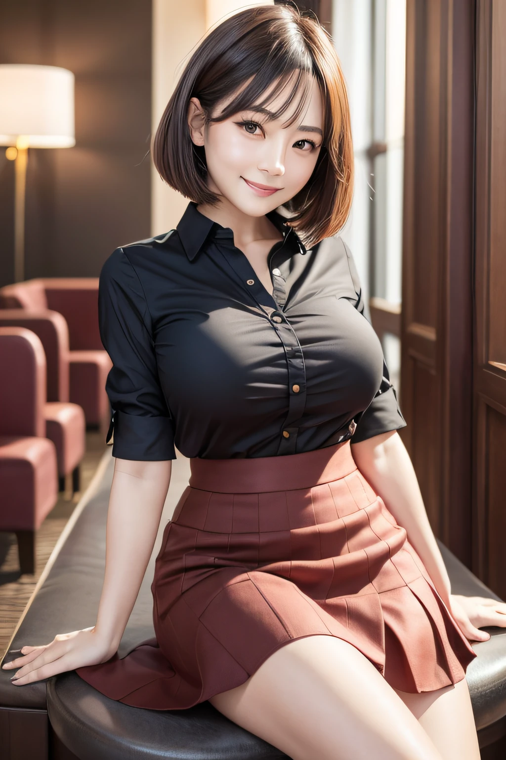 1beautiful Japanese woman, mature, detail eyes, double eyelid, brown eyes, huge breasts, Peter Pan colored blouse and flared skirt, charming smile, bob cut hair, hotel lobby, thighs, front view, perfect anatomy, best quality, ultra high resolution, masterpiece, photorealistic:1.3