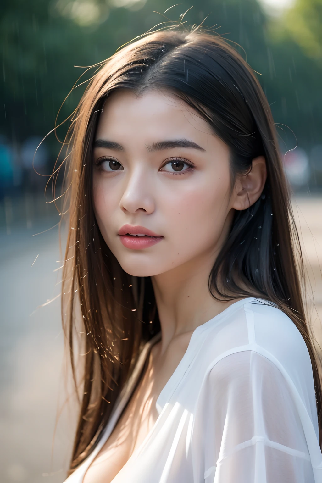 top-quality, masterpiece, 超A high resolution, Photorealsitic, Raw foto, ((One beautiful woman)), 22year old, Detailed face, beautidful eyes, depth of fields, the city street, Wet in the rain, white t-shirts, small tits, Faint lips, wetting hair, a wet body, water drop on the skin