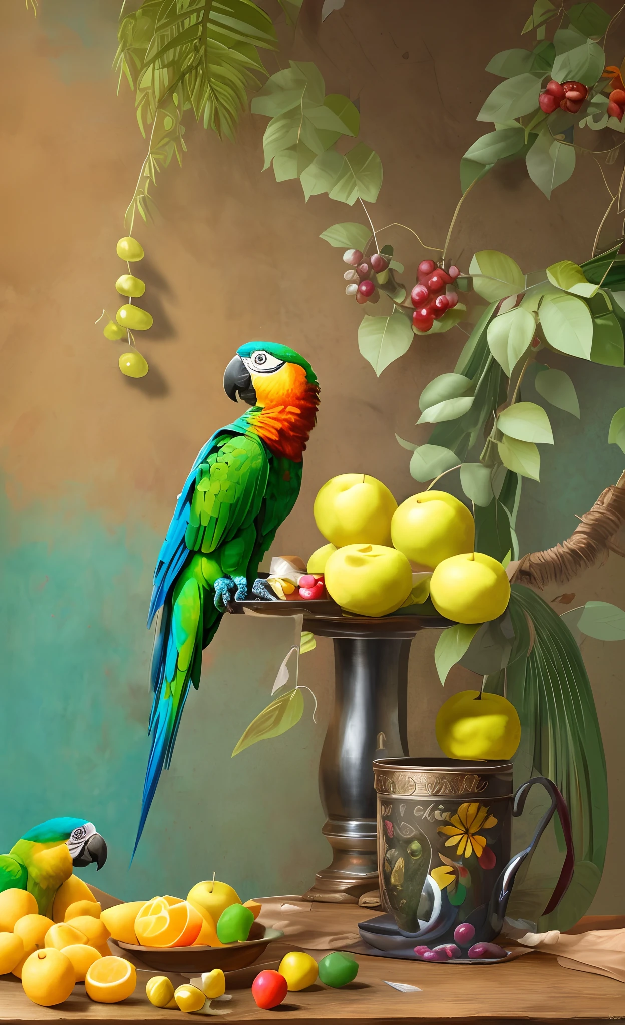 There's a parrot (solo) sentado em um galho ao lado de uma tigela de frutas, imagem HD colorida, pintura detalhada 4 K, frutas e penas, bela arte UHD 4 K, 4K arte digital altamente detalhada, paper awesome wallpaper, papagaio, papel de parede bonito, papel de parede de alta qualidade, 8k arte detalhada de alta qualidade, pintura digital HD, arte digital bonita, pintura digital altamente detalhada