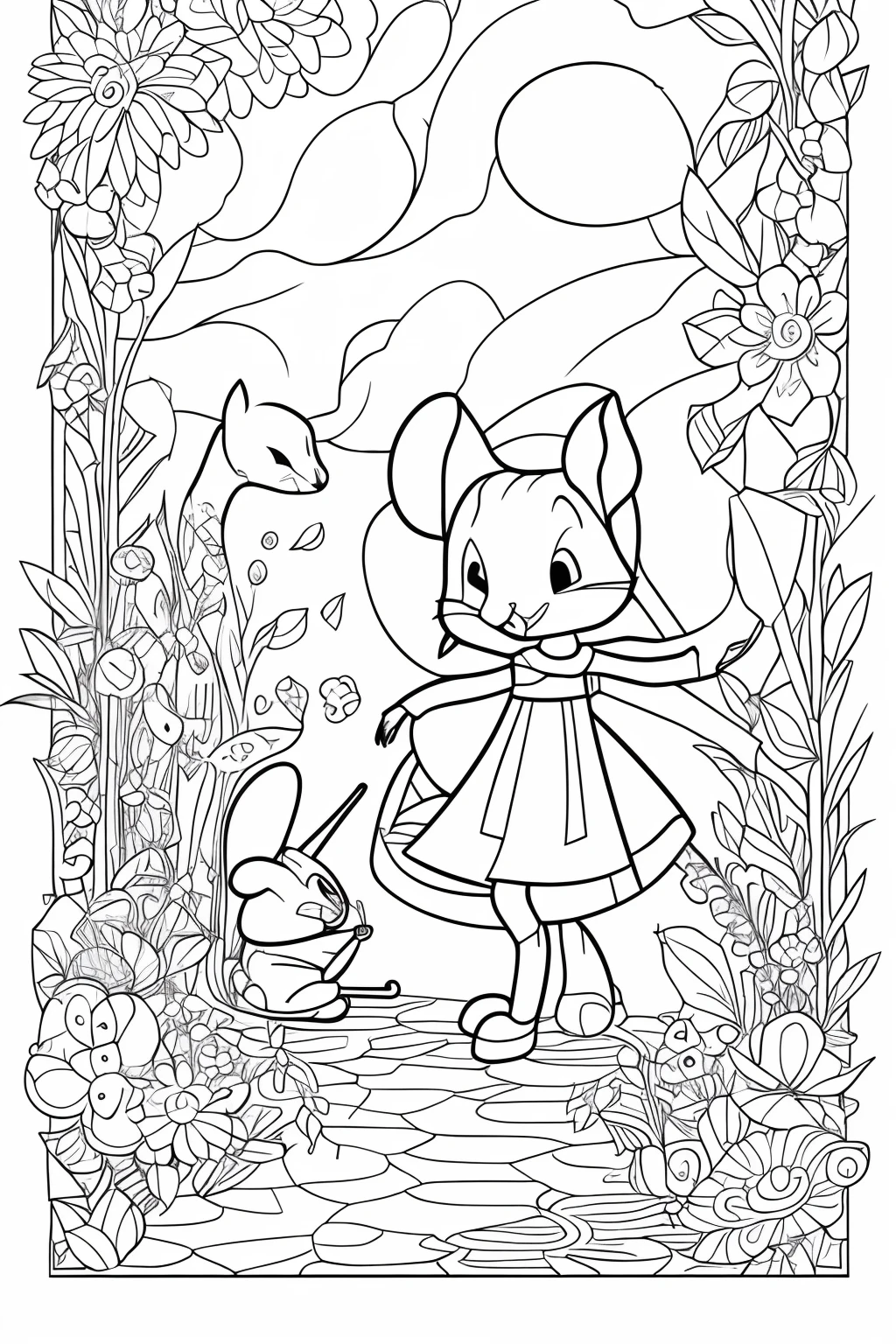 A wanderer and adorable mice in cartoon style, line drawing, translucent, no color, coloring book for kids, white background, Black distinct lines on a white background, printable