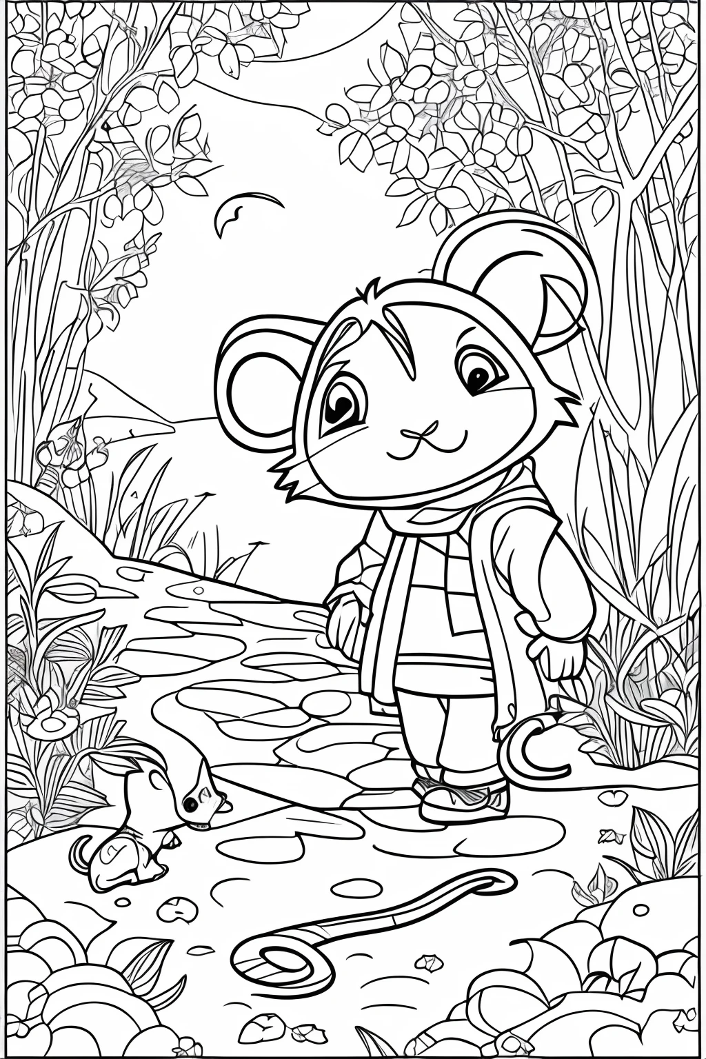 A wanderer and adorable mice in cartoon style, line drawing, translucent, no color, coloring book for kids, white background, Black distinct lines on a white background, printable