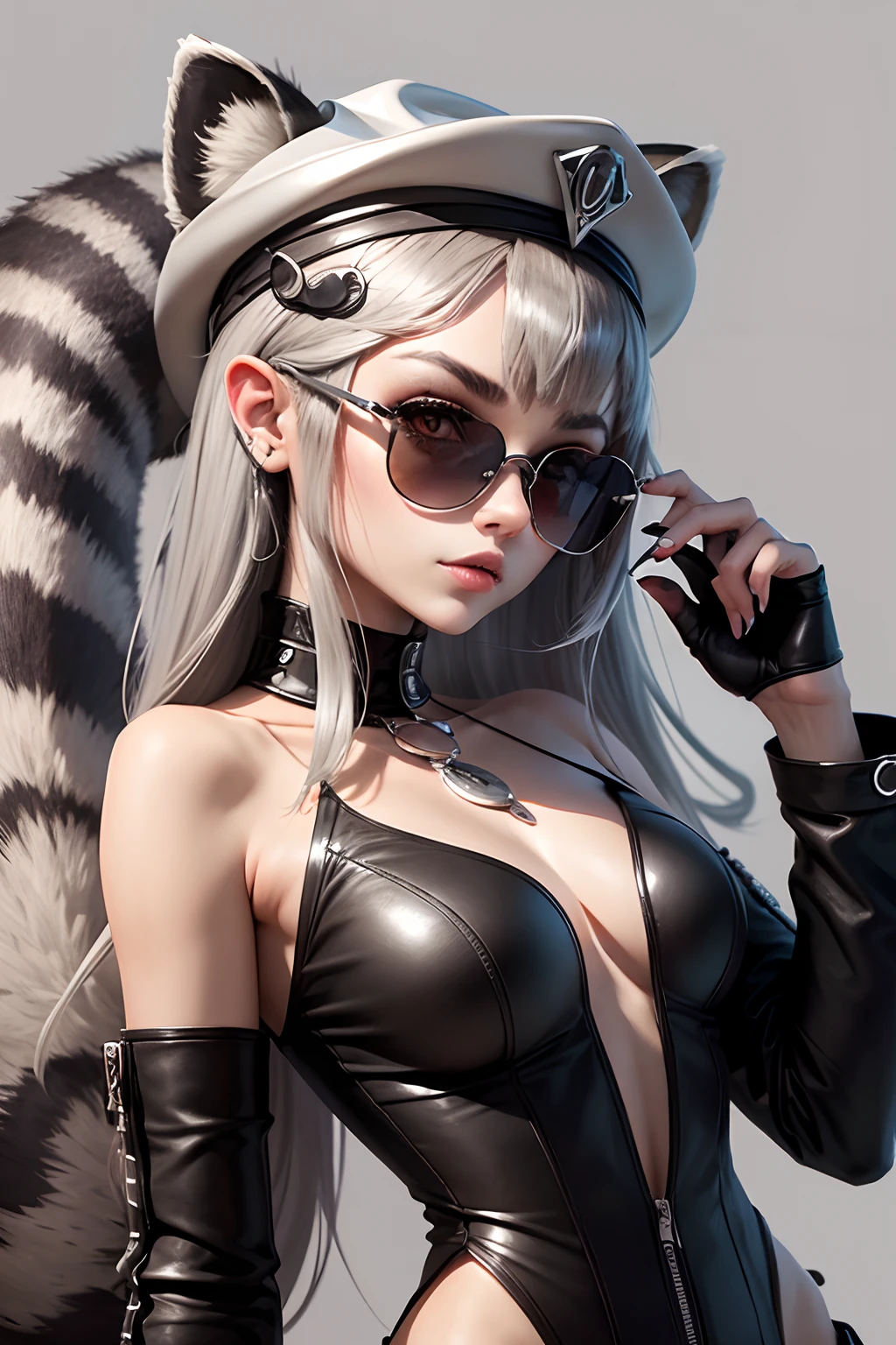 roovy female raccoon face and ears, with human body, 3/4 profile portrait, modern Silver fashionable woman, funky Trend accessories such as sunglasses, hat, sword, etc