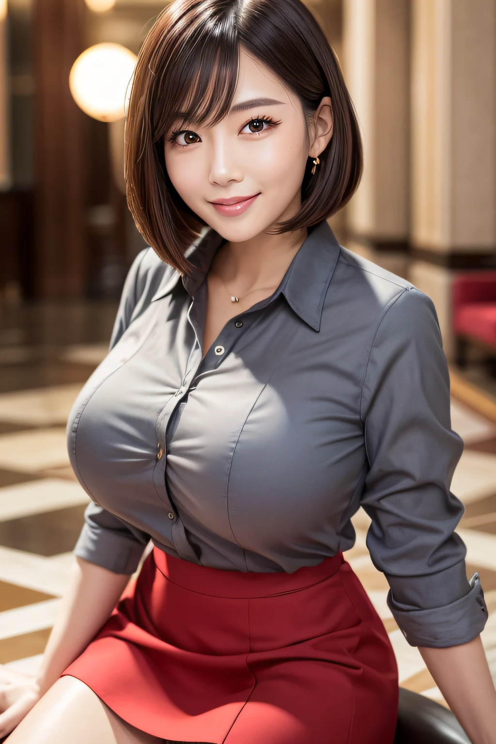 1beautiful Japanese woman, mature, detail eyes, double eyelid, brown eyes, huge breasts, Peter Pan colored blouse and flared skirt, charming smile, bob cut hair, hotel lobby, thighs, front view, perfect anatomy, best quality, ultra high resolution, masterpiece, photorealistic:1.3