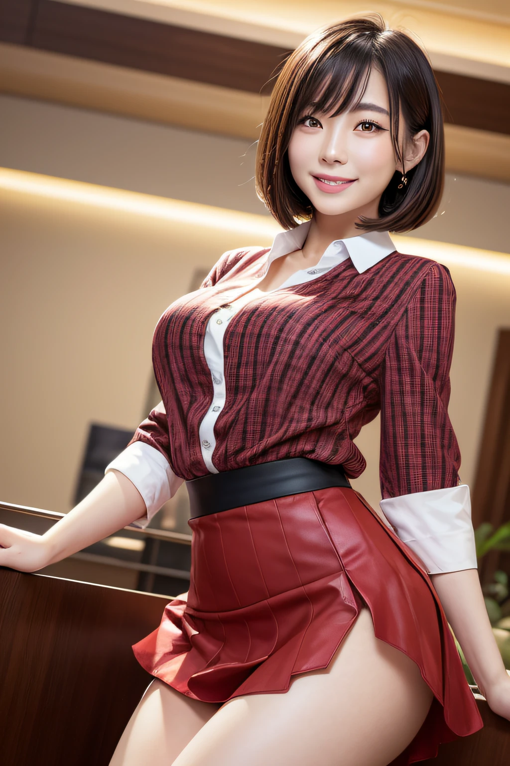 1beautiful Japanese woman, mature, detail eyes, double eyelid, brown eyes, huge breasts, Peter Pan colored blouse and flared skirt, charming smile, bob cut hair, hotel lobby, thighs, front view, perfect anatomy, best quality, ultra high resolution, masterpiece, photorealistic:1.3