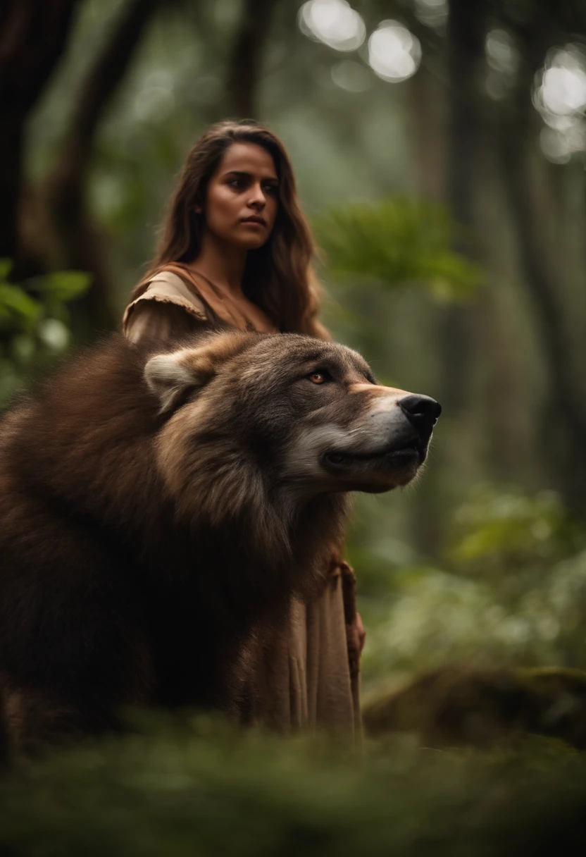 loira de armadura na floresta gelada ao lado de um grande lobo marrom.