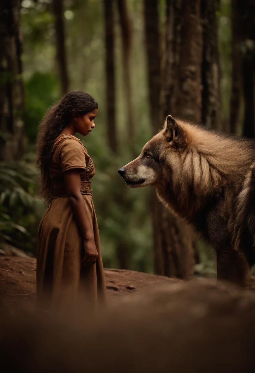 Menina loira de armadura na floresta gelada ao lado de um grande lobo marrom.