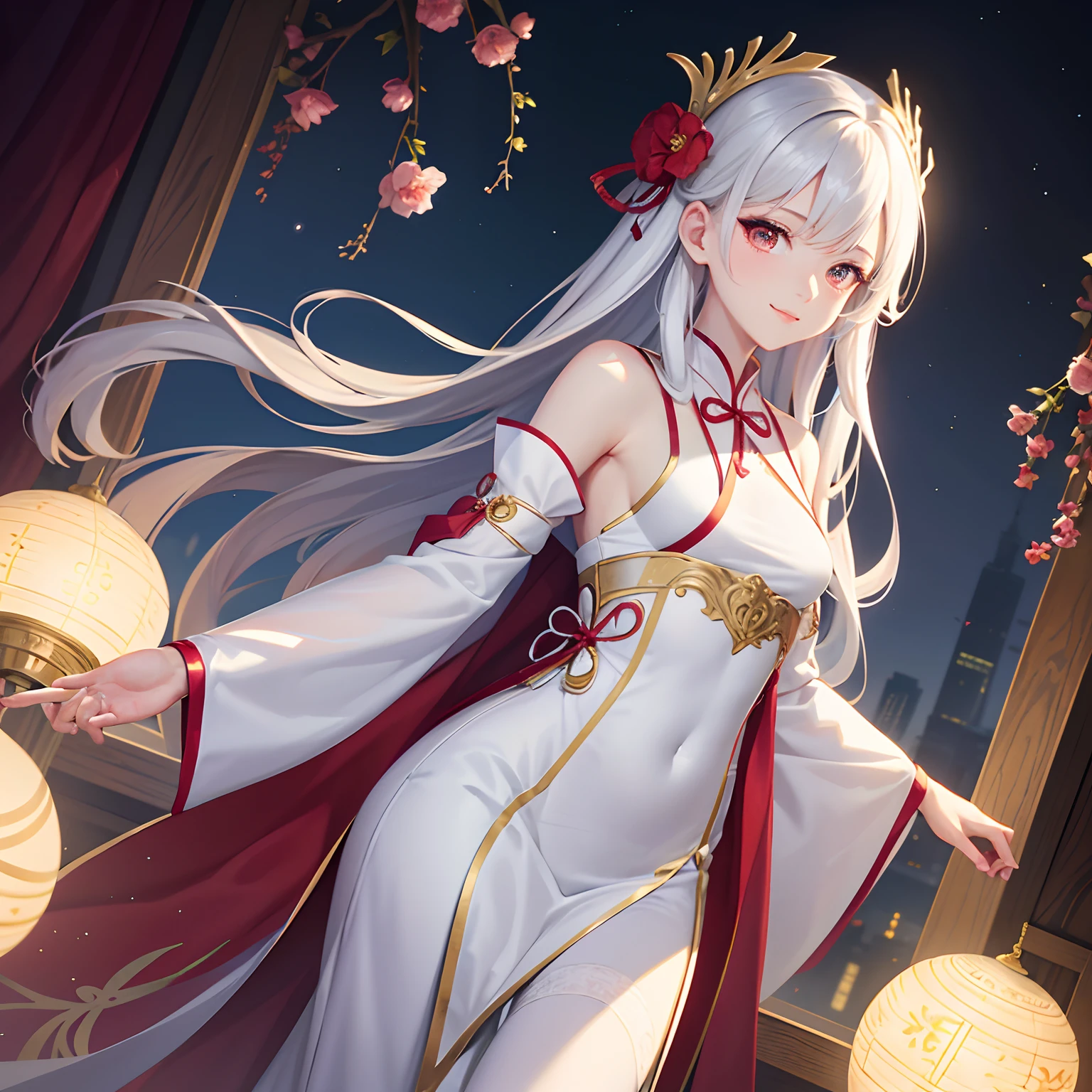 Movie Angle,(lovely boy,anatomy correct,full bodyesbian,Masterpiece camellia,Masterpiece Hanfu,ssmile),(illustratio,paper art,3Drenderingof),(plethora of colors,Best quality,high detal,tmasterpiece,Cinematic lighting effects,4K,Chiaroscuro)