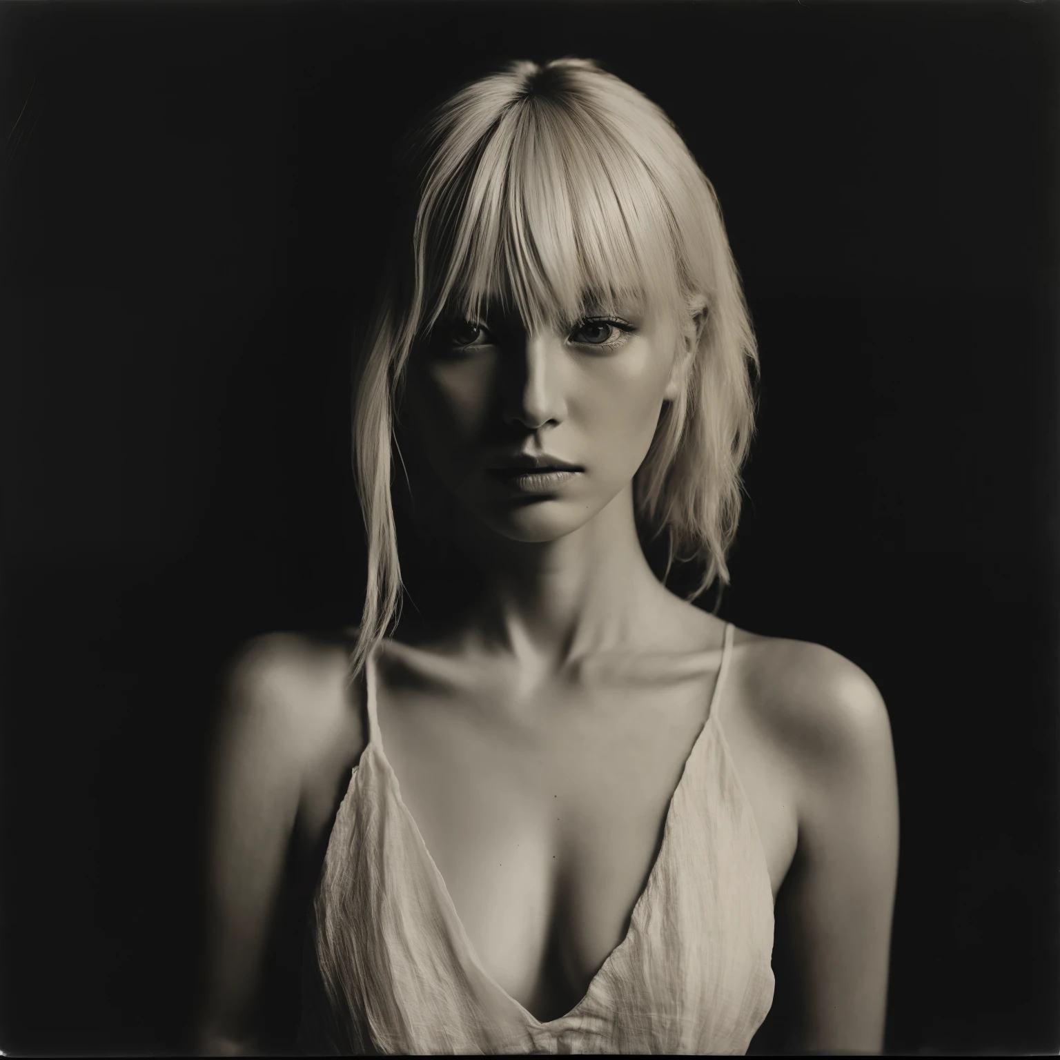 RAW photo, analog style, a beautiful 25 year old Japanese woman with blonde hair wearing a linen dress, by Collodion_Photo  (high detailed skin:1.2), 8k uhd, dslr, cinematic lighting, hasselblad, black and white