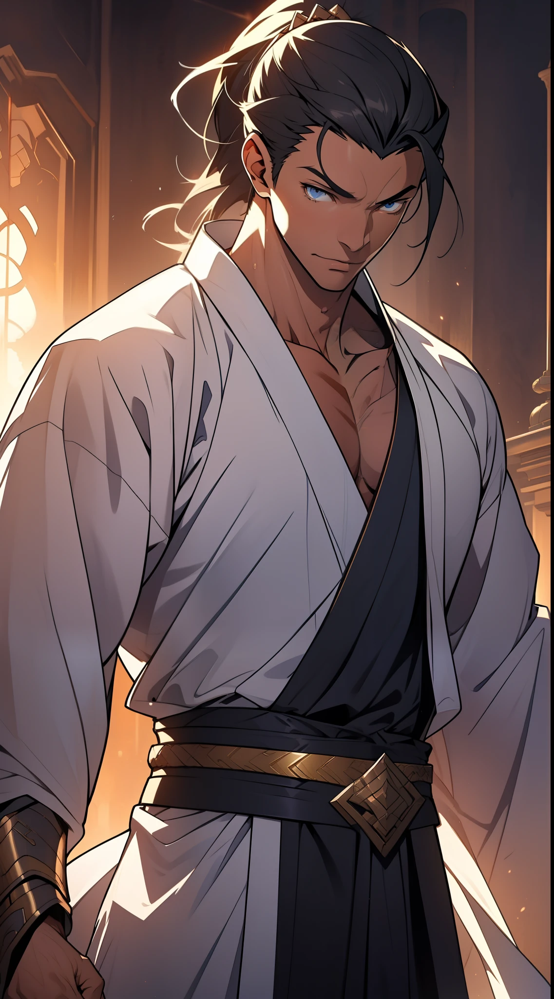 quadratic element,style of anime,mtu(Male Warrior),The proportions are correct,Face details,swordsmen,High ponytail hairstyle,Neck details,There is an Adam's apple,White robe,kaftan,long white robe,clothes details,Handing over,longer sleeves,Game quality,Swordsmanship,Light and shadow tracking,Ray traching,detailed glow,cg render,hair detail,cabelos preto e longos,blue colored eyes,Handsome,Handsome,(juvenile sense),Clothing is complicated,Perfectcomposition,Refinement,high qulity,higher details,Lots of details,The background is complex,a sense of atmosphere,