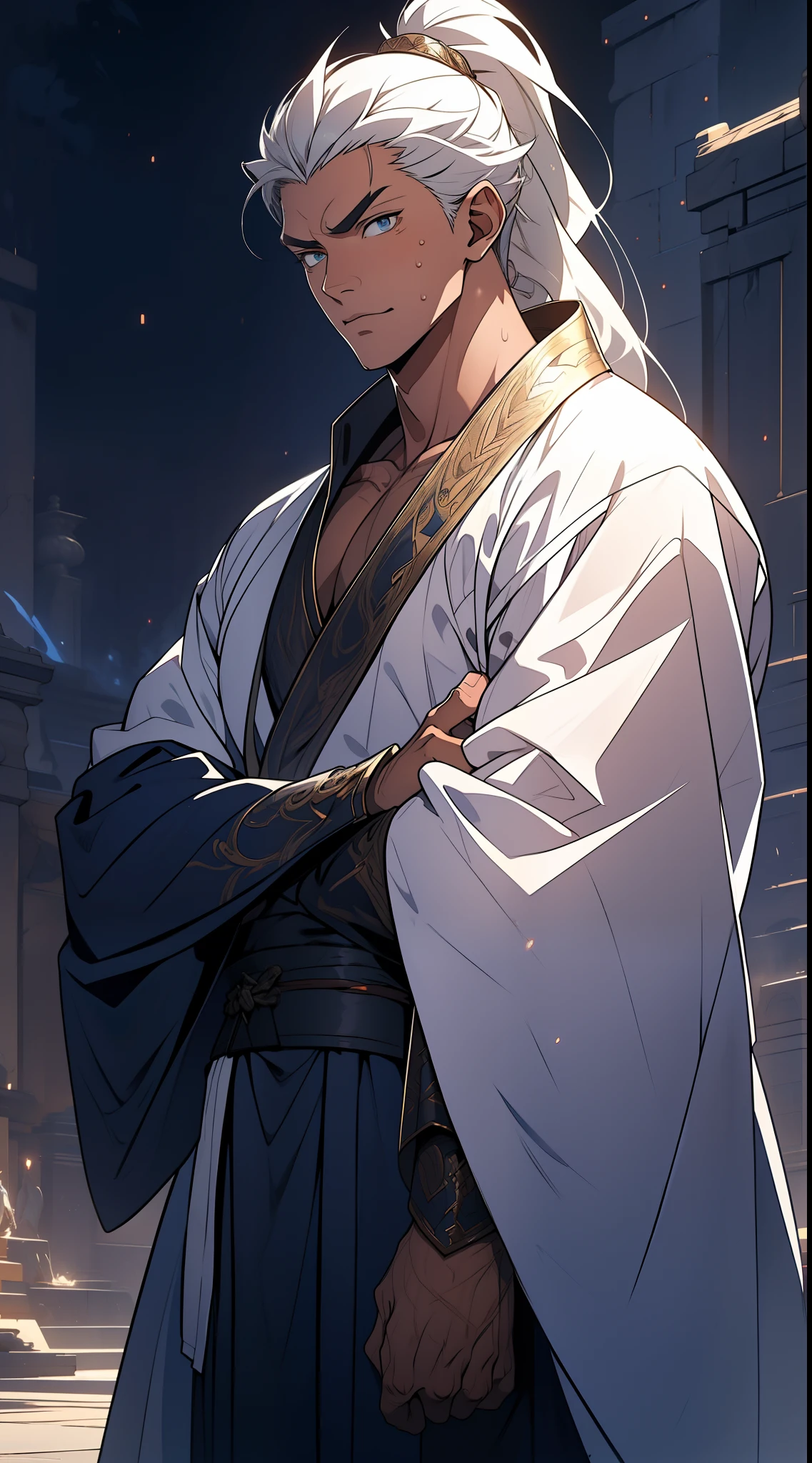 quadratic element,style of anime,mtu(Male Warrior),The proportions are correct,Face details,swordsmen,High ponytail hairstyle,Neck details,There is an Adam's apple,White robe,kaftan,long white robe,clothes details,Handing over,longer sleeves,Game quality,Swordsmanship,Light and shadow tracking,Ray traching,detailed glow,cg render,hair detail,cabelos preto e longos,blue colored eyes,Handsome,Handsome,(juvenile sense),Clothing is complicated,Perfectcomposition,Refinement,high qulity,higher details,Lots of details,The background is complex,a sense of atmosphere,