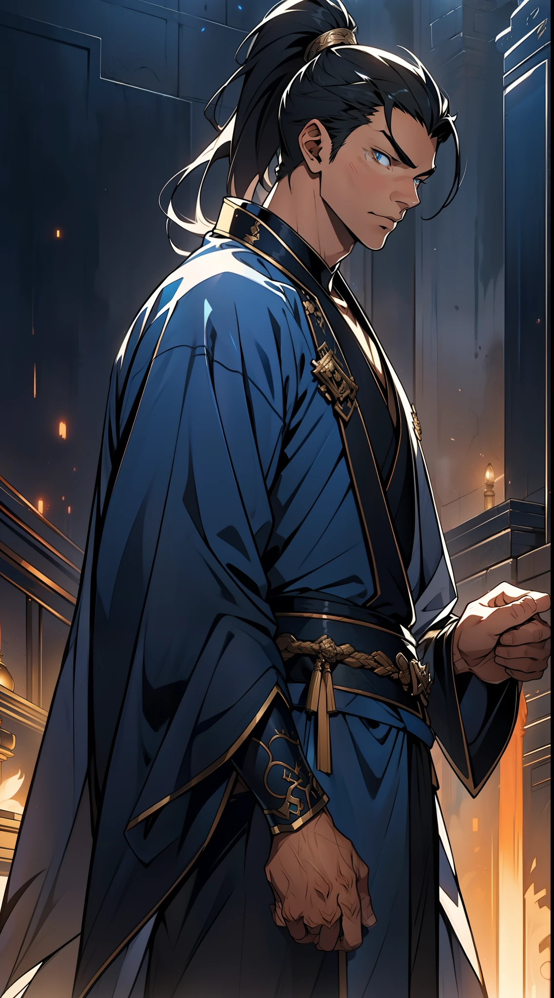 quadratic element,style of anime,mtu(Male Warrior),The proportions are correct,Face details,swordsmen,High ponytail hairstyle,Neck details,There is an Adam's apple,Blue suit,kaftan,long blue robes,clothes details,Handing over,longer sleeves,Game quality,Swordsmanship,Light and shadow tracking,Ray traching,detailed glow,cg render,hair detail,Black long hair,blue colored eyes,Handsome,Handsome,(juvenile sense),Clothing is complicated,Perfectcomposition,Refinement,high qulity,higher details,Lots of details,The background is complex,a sense of atmosphere,