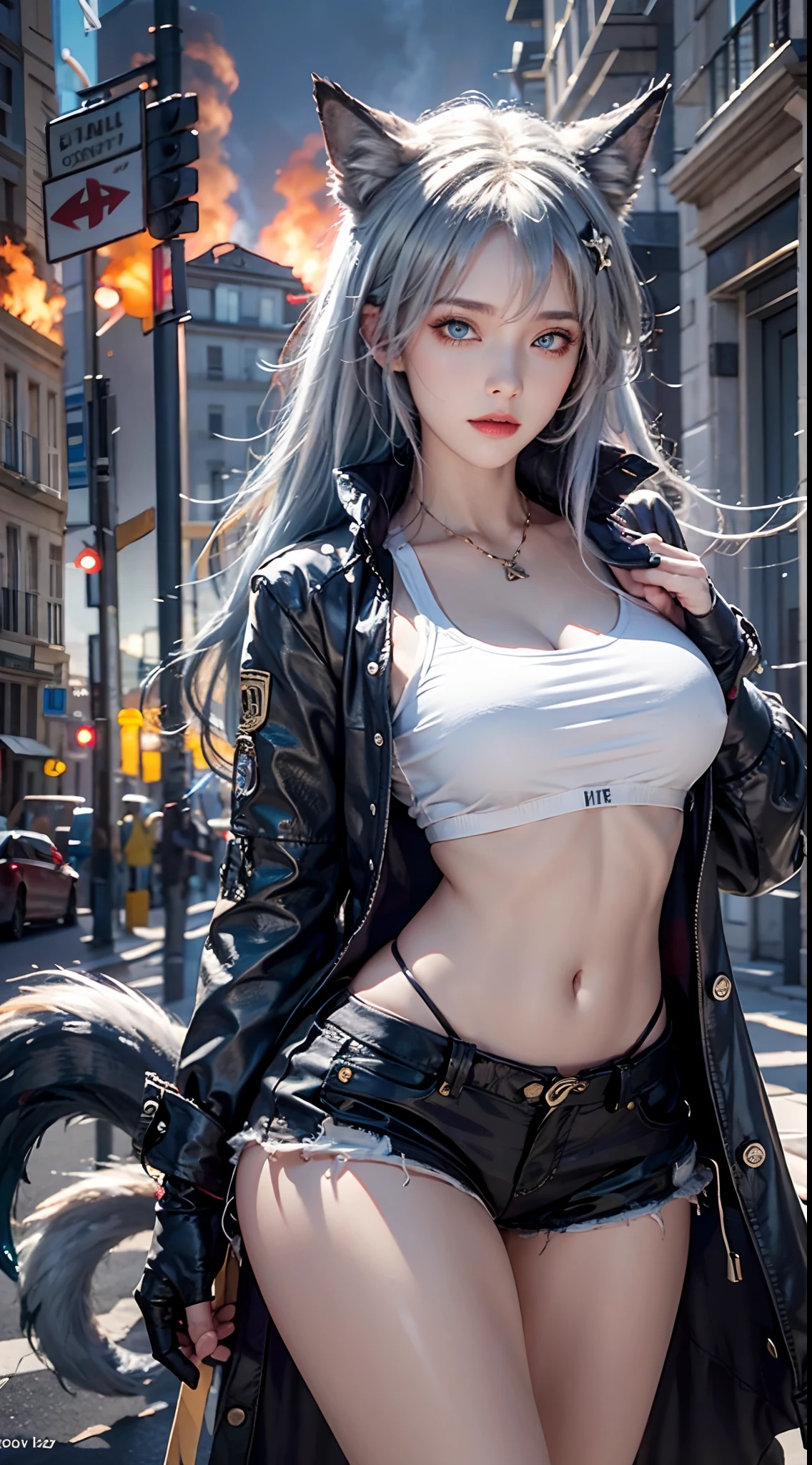 photorealistic, masterpiece, high resolution, soft light, mature female, blue eyes, hips up, hairpiece, lappland, arknights, destroyed city background, buildings on fire, pale, wolf girl, animal ears, scar, white fingerless gloves, black jacket, white sports bra, white shirt, (tail, fluffy tail), tattoo, wolves, long white hair, black shorts