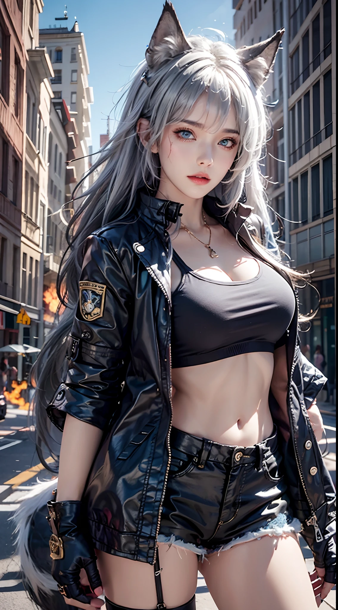 photorealistic, masterpiece, high resolution, soft light, mature female, blue eyes, hips up, hairpiece, lappland, arknights, destroyed city background, buildings on fire, pale, wolf girl, animal ears, scar, white fingerless gloves, black jacket, white sports bra, white shirt, (tail, fluffy tail), tattoo, wolves, long white hair, black shorts