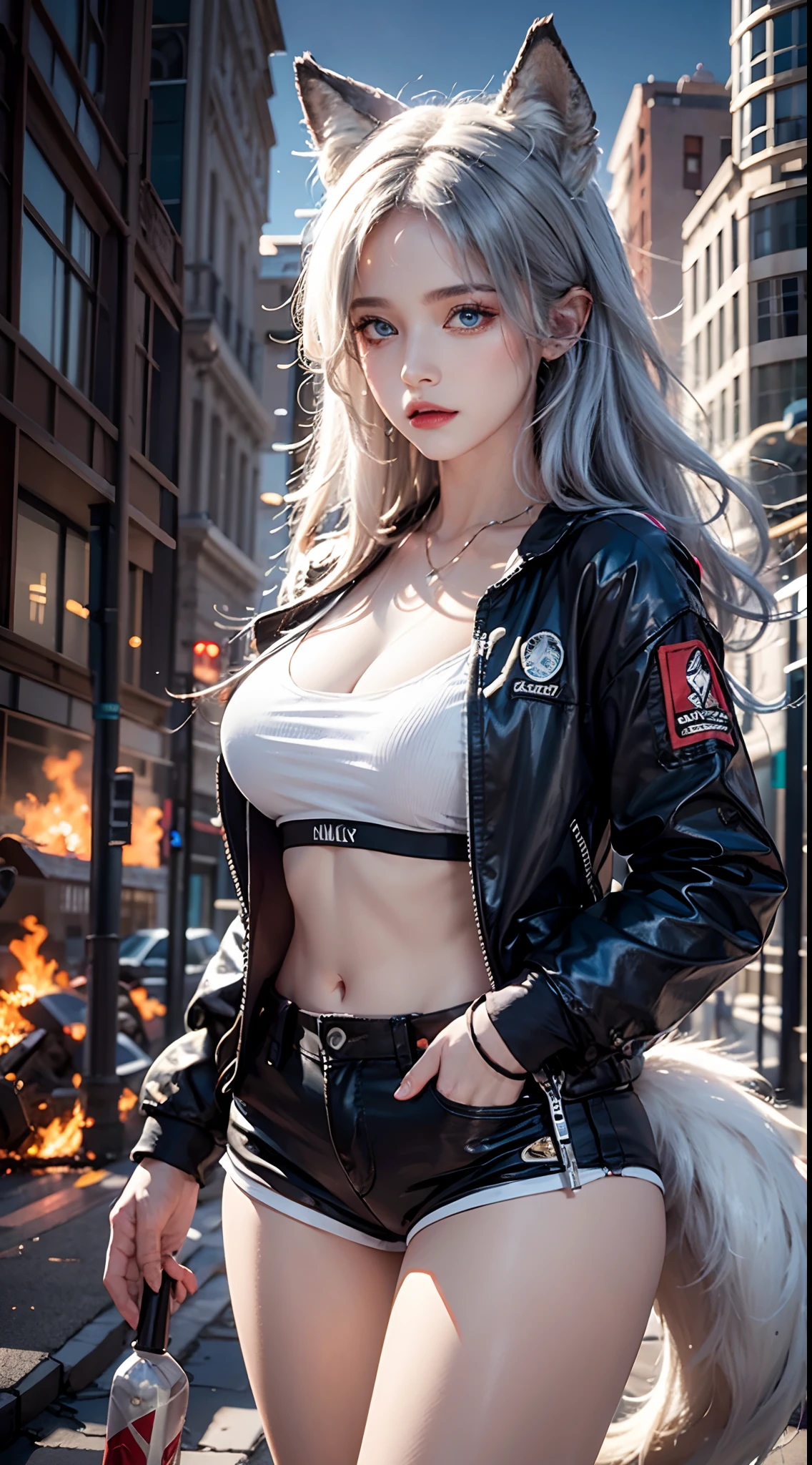 photorealistic, masterpiece, high resolution, soft light, mature female, blue eyes, hips up, hairpiece, lappland, arknights, destroyed city background, buildings on fire, pale, wolf girl, animal ears, scar, white fingerless gloves, black jacket, white sports bra, white shirt, (tail, fluffy tail), tattoo, wolves, long white hair, black shorts