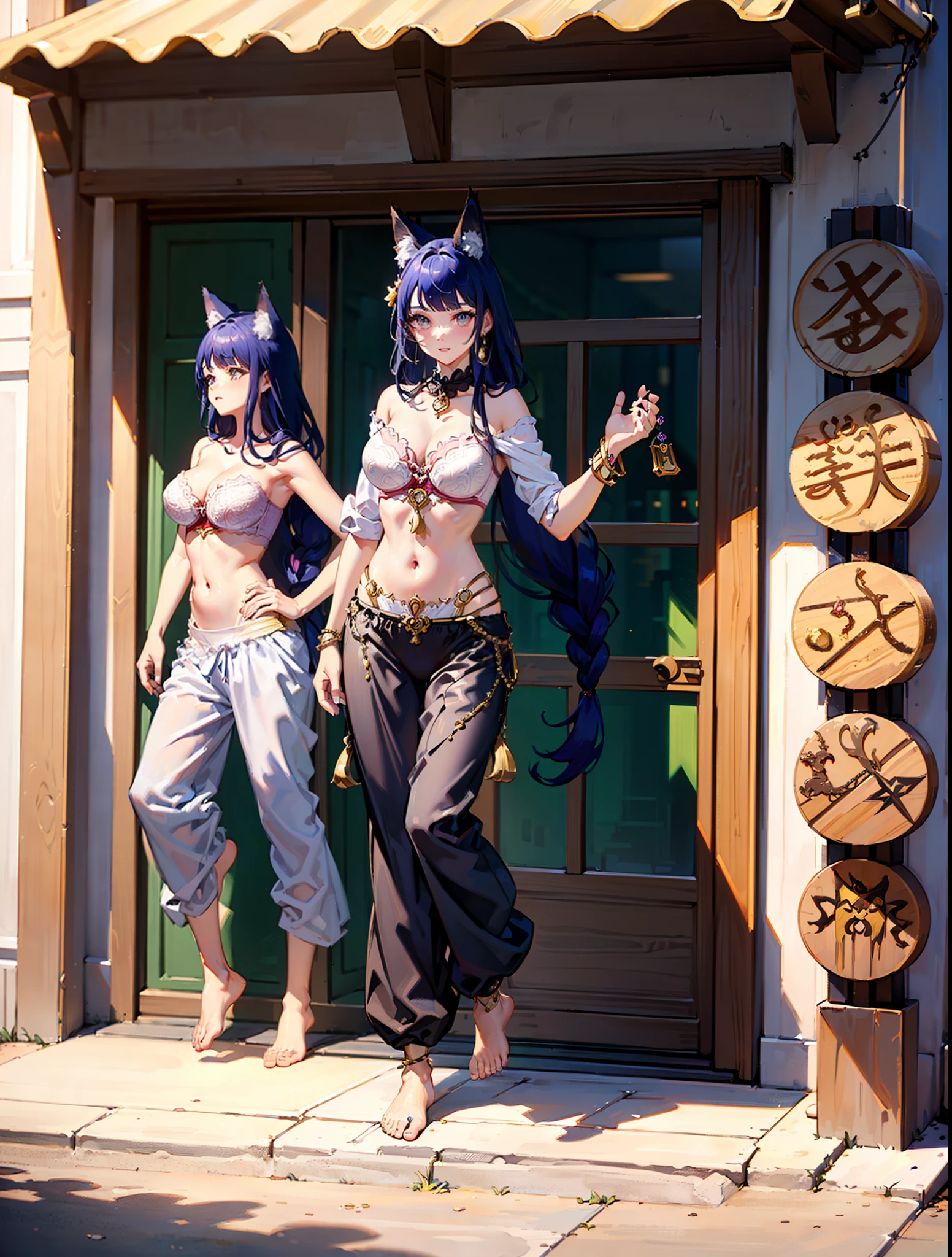 ((fox girl)), ((full body)), ((Standing pose)), ((strapless belly dance bra)), ((jewelry)), (((long and baggy belly dancing harem pants))), ((bare feet)), ((fully detailed))