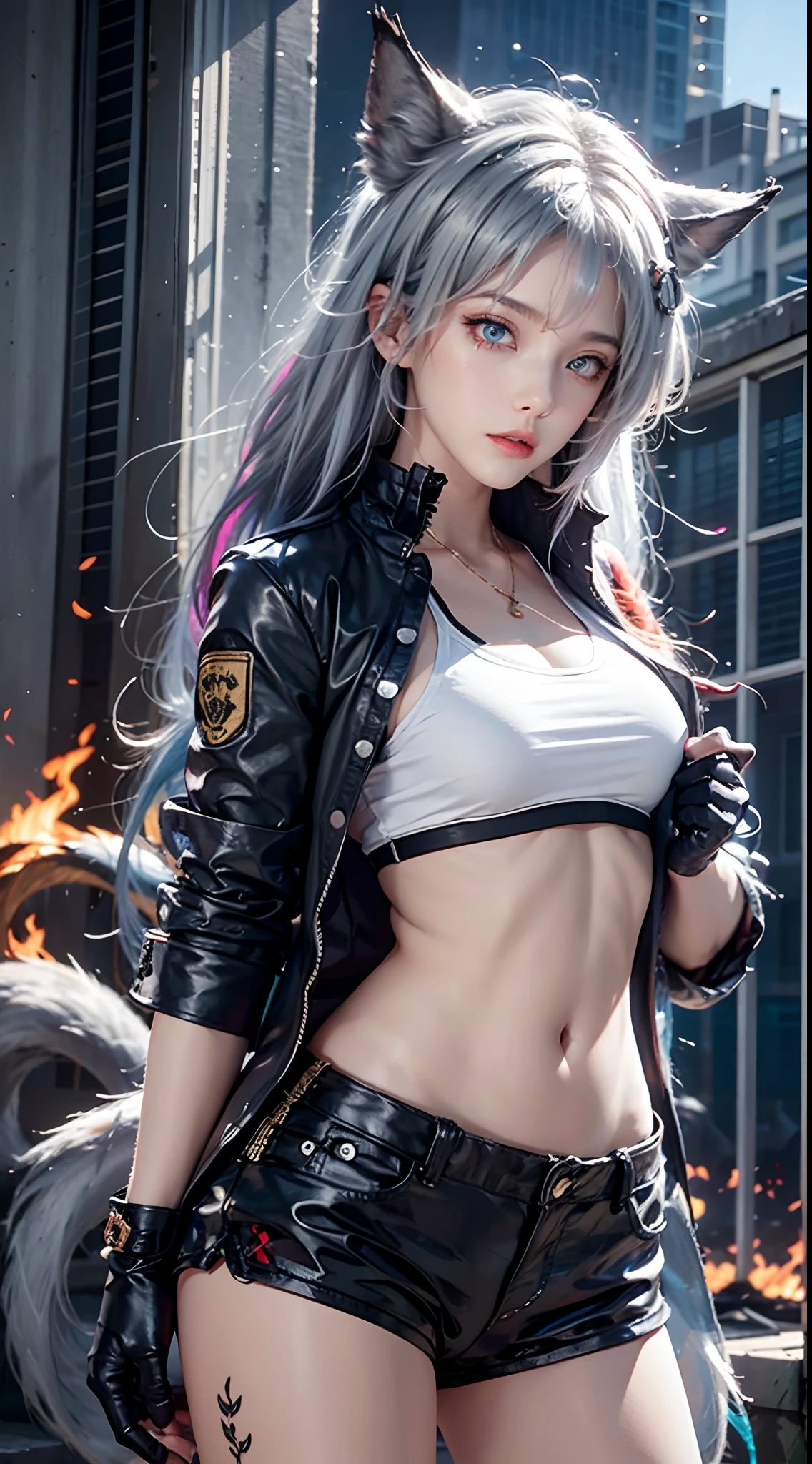 photorealistic, masterpiece, high resolution, soft light, mature female, blue eyes, hips up, hairpiece, lappland, arknights, destroyed city background, buildings on fire, pale, wolf girl, animal ears, scar, white fingerless gloves, black jacket, white sports bra, white shirt, (tail, fluffy tail), tattoo, wolves, long white hair, black shorts