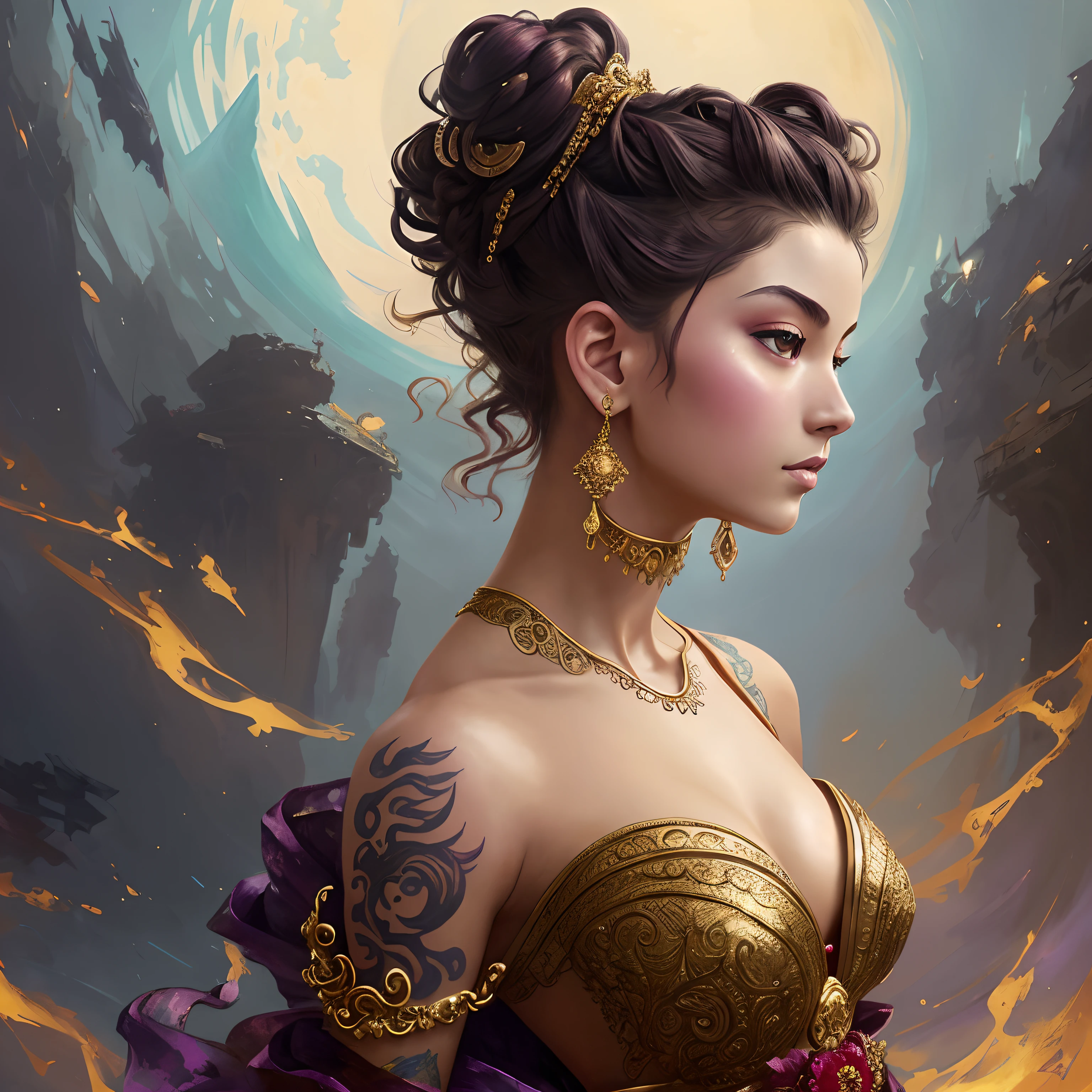 An epic painting of a 19 years old girl figure, curly messy high bun hairstyle, whimsically designed oriental tattoos, subject wearing a gold and ruby high fashion gown, flowing, ornate, beautiful, forbidden beauty, dramatic earth colors, with few vivid purple highlights, by jeremy mann and greg rutkowski, trending on artstation, pixiv, oil on canvas --auto