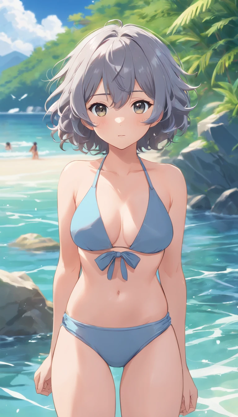 swim wears, gray bikini、​masterpiece、hposing Gravure Idol、A gray-haired, Fluffy curly hair, fang, short hair, cute, medium chest