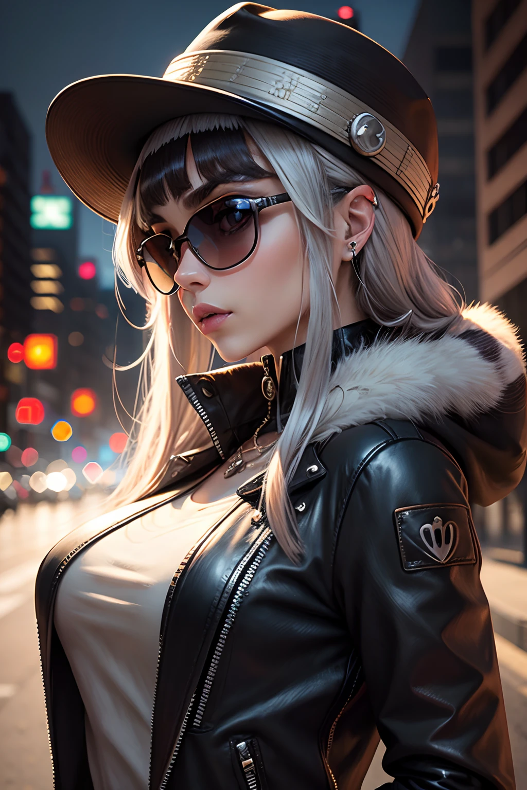 groovy human female raccoon 3/4 profile portrait, modern Silver fashionable woman, funky Trend accessories such as sunglasses, hat, sword, etc