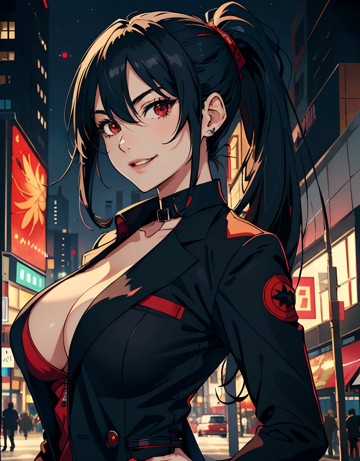 ((masterpiece, best quality)), (1girl, anime girl in the city night),(mature), (solo), (female focus), (black hair, long hair, ponytail),red eyes, ((black suit, mafia, jacket)), ((large breast)), vicious smile, evil smile, portraits, close up, upper body, vibrant colors, soft lighting
