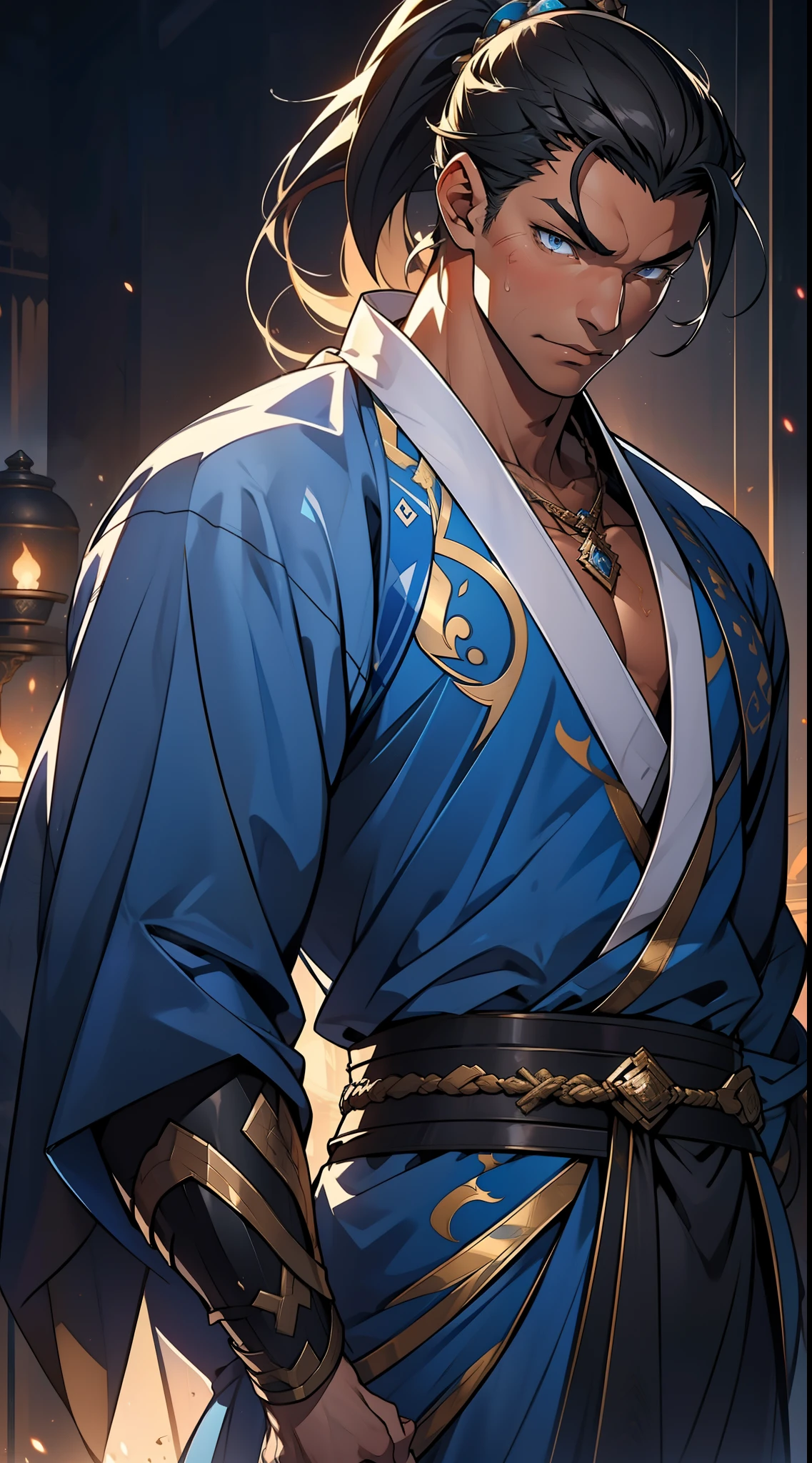 quadratic element,style of anime,mtu(Male Warrior),The proportions are correct,Face details,swordsmen,High ponytail hairstyle,Neck details,There is an Adam's apple,Blue suit,kaftan,long blue robes,clothes details,Handing over,longer sleeves,Game quality,Swordsmanship,Light and shadow tracking,Ray traching,detailed glow,cg render,hair detail,Black long hair,blue colored eyes,Handsome,Handsome,(juvenile sense),Clothing is complicated,Perfectcomposition,Refinement,high qulity,higher details,Lots of details,The background is complex,a sense of atmosphere,
