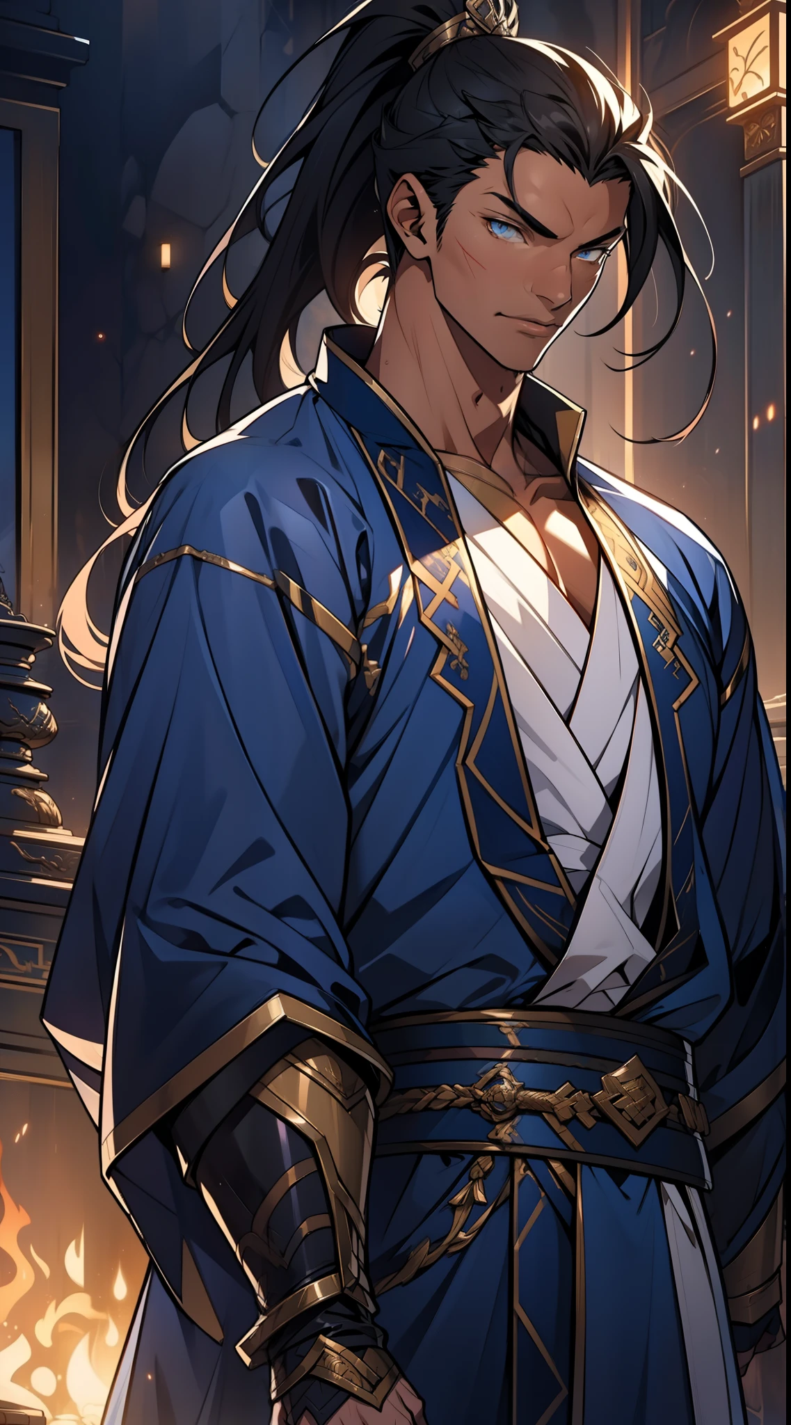 quadratic element，style of anime，mtu（Male Warrior），The proportions are correct，Face details，swordsmen，High ponytail hairstyle，Neck details，There is an Adam's apple，Blue suit，kaftan，long blue robes，clothes details，Handing over，longer sleeves，Game quality，Swordsmanship，Light and shadow tracking，Ray traching，detailed glow，cg render，hair detail，Black long hair，blue colored eyes，Handsome，Handsome，（juvenile sense），Clothing is complicated，Perfectcomposition，Refinement，high qulity，higher details，Lots of details，The background is complex，a sense of atmosphere，