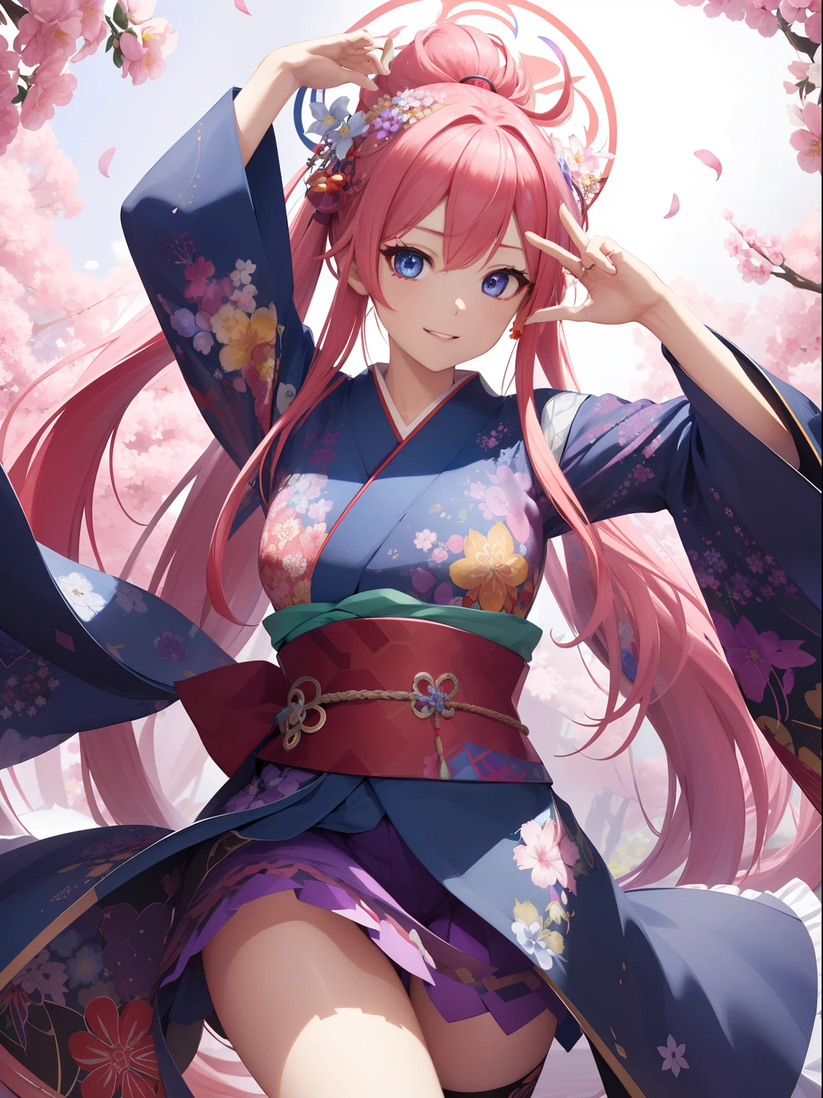 (absurderes、hight resolution、ultra-detailliert)、1girl in、Beautiful woman、Pink twin-tailed hair、length hair、Blue eyes、Red kimono、finely eye and detailed face、the Extremely Detailed CG Unity 8K Wallpapers、intricate-detail、BREAK、kaleidoscopic imagery、Symmetrical pattern、vivd colour、Geometric shapes、mesmerizing designs、optical illusion、Dynamic Composition Breaker、pantomime art、expressive body language、Quiet storytelling、evocative gestures、 visual narratives、Play Break Ha、blooming flowers、Multicolored petals、fragrant scents、nature's bounty、vibrant gardens、Tranquil landscape