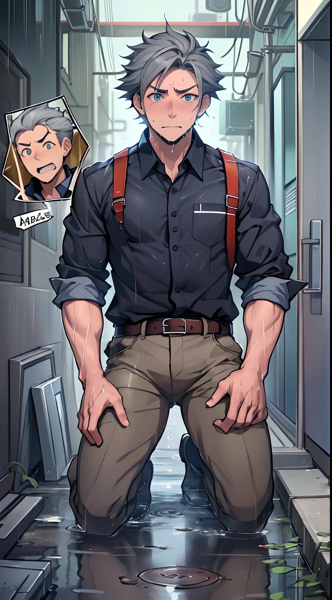 (1 Adult male),A high resolution, Sharp focus, Pixiv masterpiece, ((Complicated details)), highly detailed, natsuki_subaru,Multi-view upper body,Suit pants view, 1 man,is shy,Pee on the legs,pissing,Urine runs down the thighs,embarressed,exhilarated,is shocked,panicking,worry,A small puddle of their own urine forms around the feet,full bodyesbian,kneels on the ground,Very eager to pee,It's uncomfortable,Wet yourself,Urine discharge, Sweaty crotch,Drenched,rain,The shirt is soaked,(A gesture of pleading),blue color eyes(eyes glowing), Short gray hair,white shirt,Wear a tie,Wear a belt,Black suit trousers,perspire,look from down