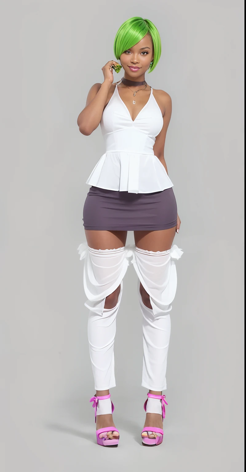 Short lime hair, lime eye color. Long bangs. short tight dress. Purple necklace with black pearls around the neck. dark brown skin color, big hips, Hot pink heels, elf ears. smile face. little chest. décolleté