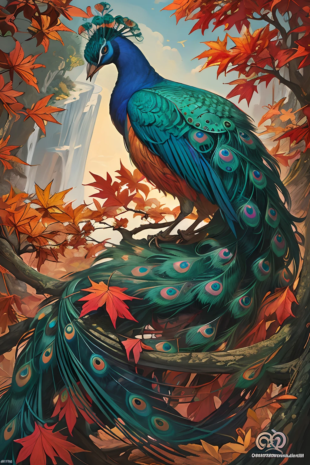 (masterpiece, top quality, best quality, official art, beautiful and aesthetic:1.2), (peacock), extreme detailed, colorful,highest detailed,illustrations, artistic fusion,fantastical scenes,striking visuals, autumn, autumn_leaves,falling_leaves, leaf, leaf_background, leaf_print, maple_leaf, nature,outdoors,waterfall, flying maple leaf