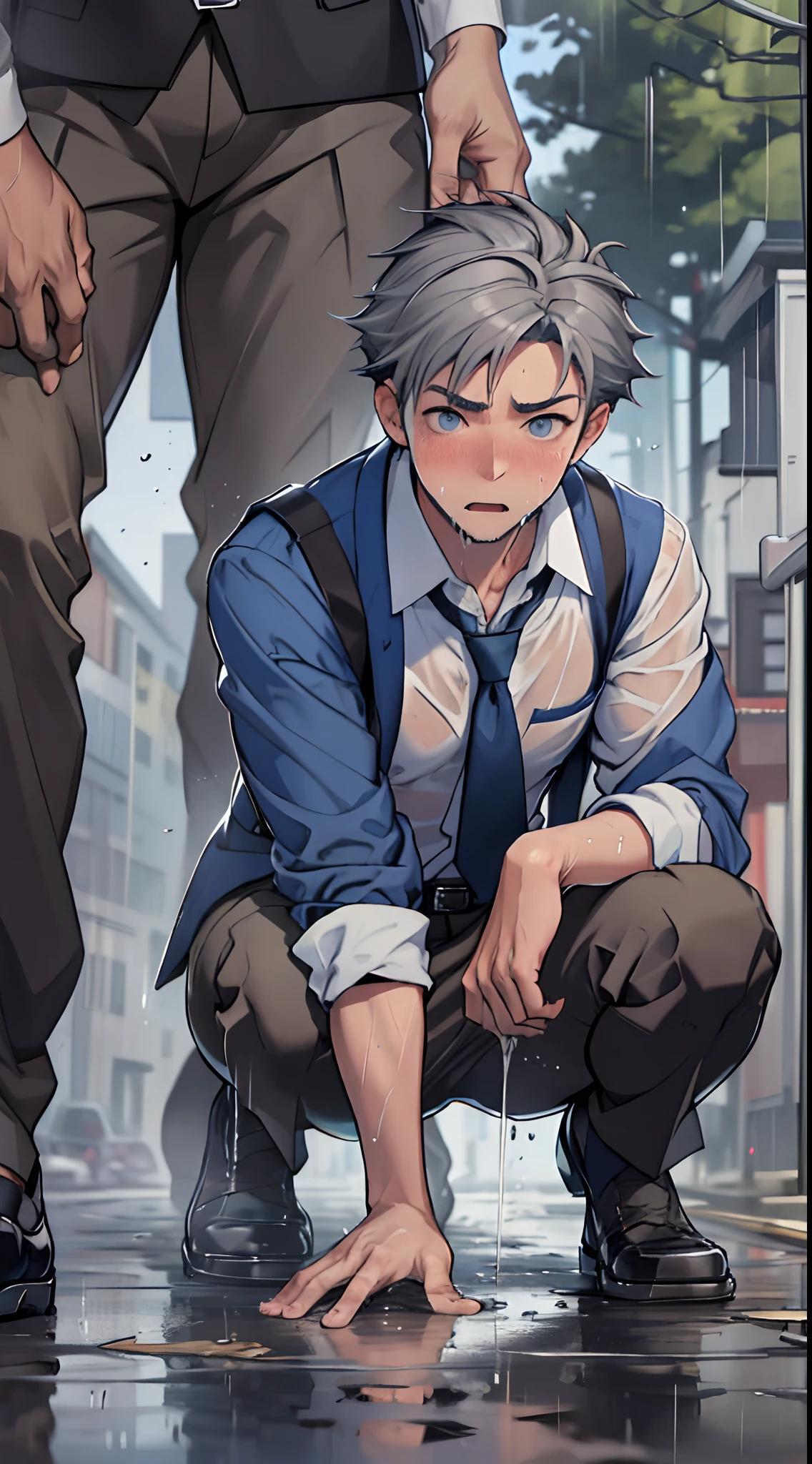 (1 Adult male),A high resolution, Sharp focus, Pixiv masterpiece, ((Complicated details)), highly detailed, natsuki_subaru,Multi-view upper body,Suit pants view, 1 man,is shy,Pee on the legs,pissing,Urine runs down the thighs,embarressed,exhilarated,is shocked,panicking,worry,A small puddle of their own urine forms around the feet,full bodyesbian,kneels on the ground,Very eager to pee,It's uncomfortable,Wet yourself,Urine discharge, Sweaty crotch,Drenched,rain,The shirt is soaked,(A gesture of pleading),blue color eyes(eyes glowing), Short gray hair,white shirt,Wear a tie,Wear a belt,Black suit trousers,perspire,look from down