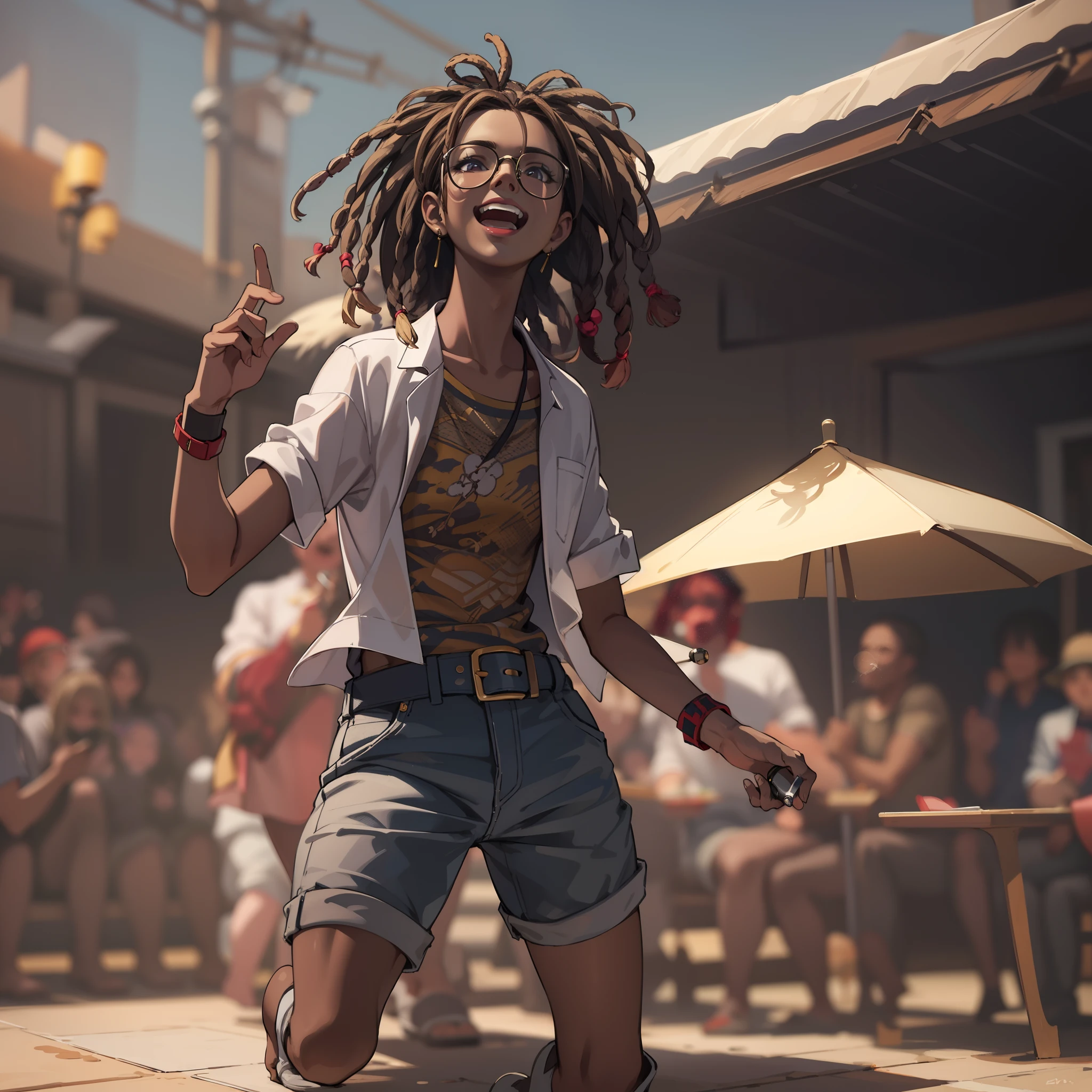low angle,full body shot,medium shot,BRAKE concert:1.5,action:1.5,one off shoulder shirt:1.5,shortpants:1.5,glasses,Blowing in the wind:1.6,A smile,(dreadlocks:1.3),BRAKE Singing:1.5,Hold the microphone:1.6,Sing a song:1.7,dynamic pose,swet:1.3,BRAKE 4K, (Raw photo: 1.2), (Realism: 1.4), (masutepiece: 1.3), (exquisite detailing: 1.2), Delicate and beautiful details, (Eye Detail), (Facial Detailed), (Highest Quality:1.4), (very detailed illustration), Best Quality, Super Resolution,Wide light, natural shadows