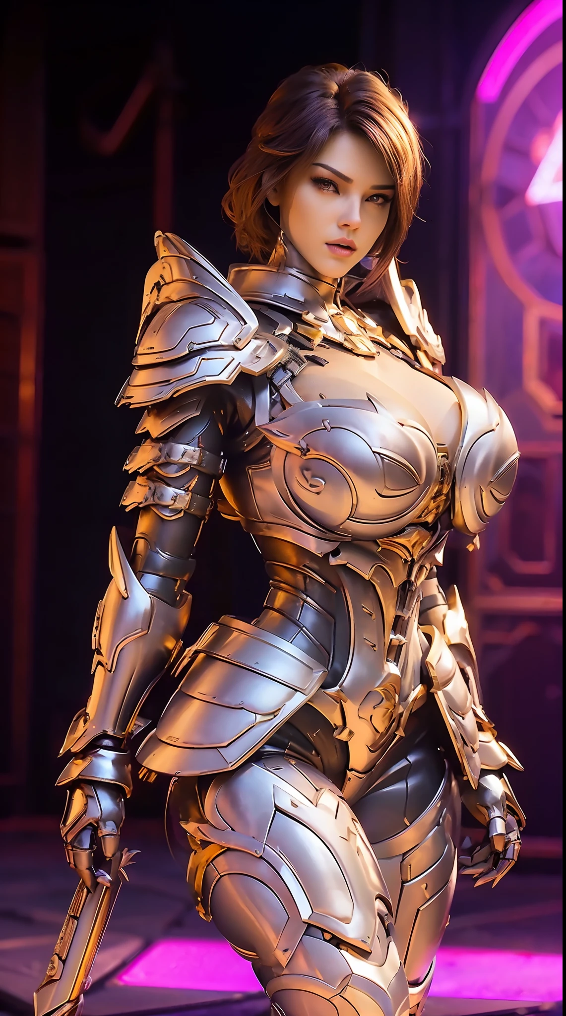 A WOMAN, BEAUTIFULL FACE, HUGE BOOBS, RGB, WHITE, GOLD, PURPLE, (MECHA ARMOR FULL SUIT), (CLEAVAGE), TRANSPARANT, TALL LEGS, STANDING, SEXY BODY, MUSCLE ABS.