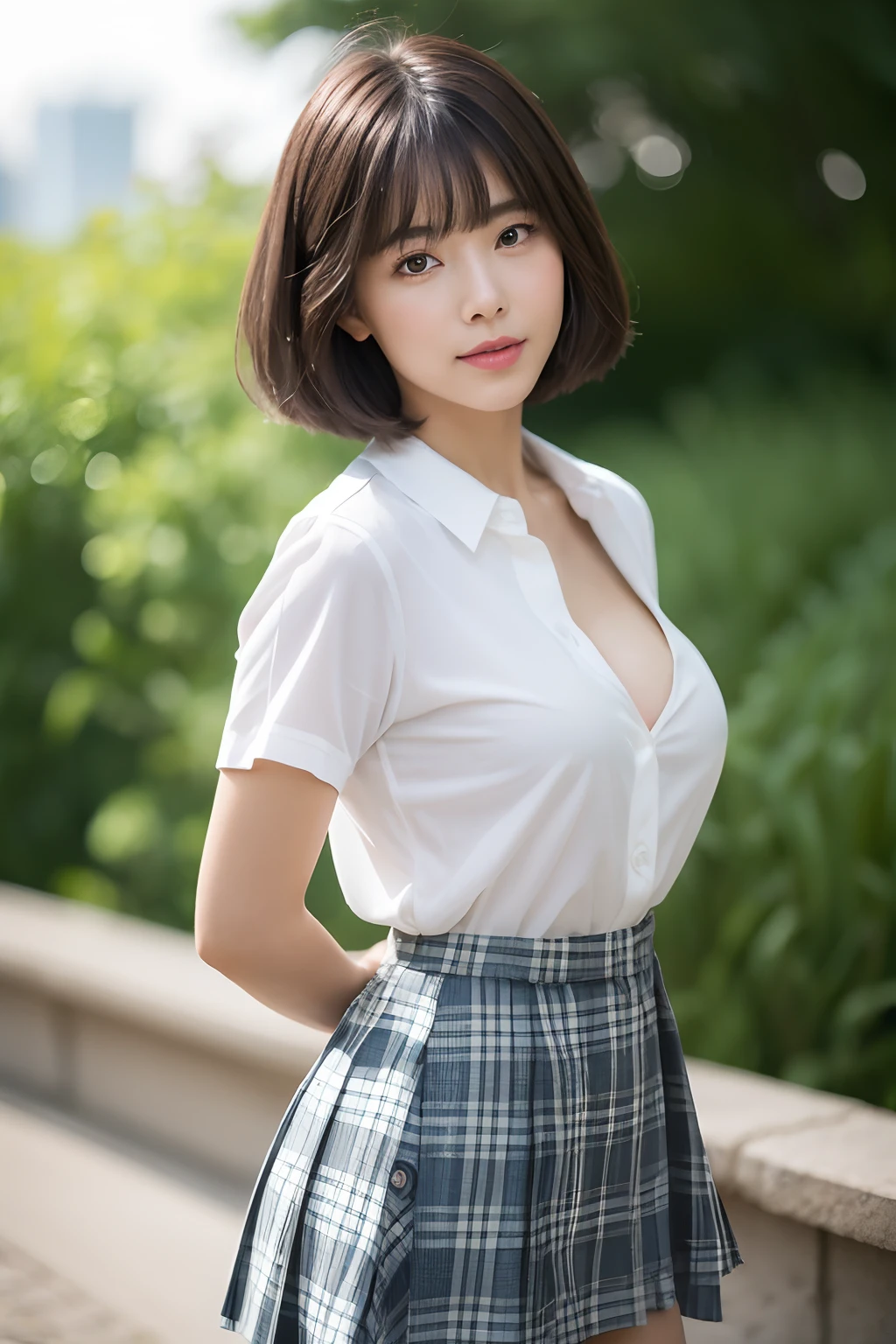 nsfw, 8K raw photo, Best quality, masterpiece, ultra high res, film grain, filmg, 1girl, looking at viewer, natural skin texture, realistic eye and face details, full lips, lipstick, (makeup), red eyeshadow, fluffy short hair, messy hair, smile, close mouth, beautiful legs, tall female, skinny, slim_legs, solo, enormous breast, cleavage, Pose with buttocks facing you, ultra short skirt, ass, shirt, beautiful nature location, around flower location, (detailed background), plaid skirt, white shirt, enormous breast, cleavage, Show a little cleavage through the shirt, loafers, blurry background, blurry, holding, plaid, short sleeves, jk ribbon on the neck, jk ribbon, brown hair, bracelet, water, bangs, , jewelry, parted lips, lips, from side, pleated skirt, depth of field