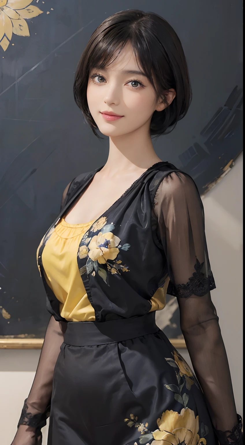 (((Black Shorthair))), (Louvre Museum), Pose Seductive, (A hyper-realistic), (Illustration), (Increased resolution), (8KUHD), (Extremely detailed), (Best Illustration), (Beautiful and detailed eyes), (Best Quality), (ultra-detailliert), (masutepiece ), ( Wallpaper), (Detailed face), Solo, (One woman dressed in blue and yellow), (Floral clothing),  (Breast bulge), Fine details, Detailed face, Deep Shadows, lowkey, pureerosfaceace_v1, Smiling,  46 point slanted bangs,  (Stand in front of an abstract painting)