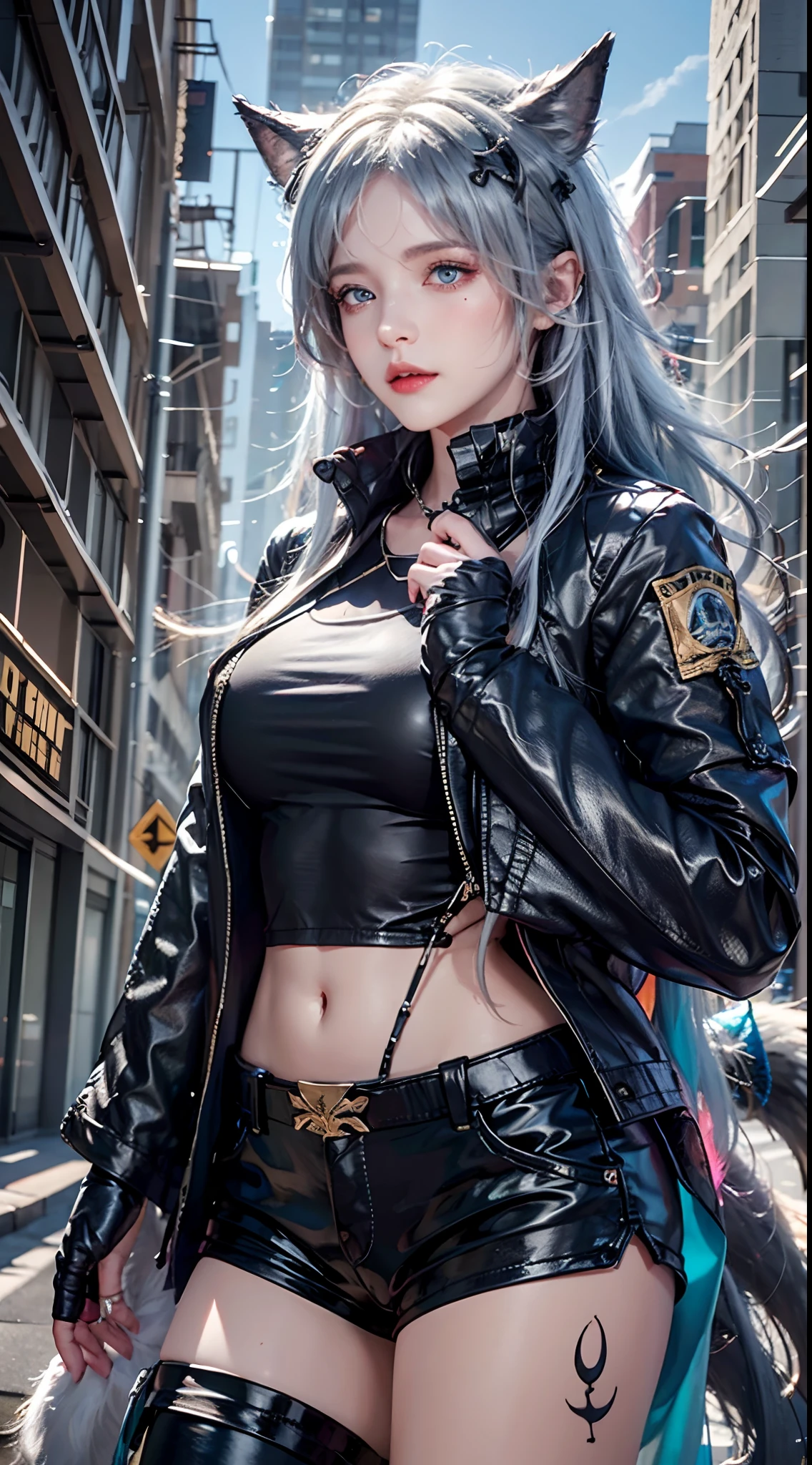 photorealistic, masterpiece, high resolution, soft light, mature female, blue eyes, hips up, hairpiece, lappland, arknights, destroyed city background, buildings on fire, pale, wolf girl, animal ears, scar, white fingerless gloves, black jacket, rhorrormare, (tail, fluffy tail), tattoo, wolves, long white hair, black shorts